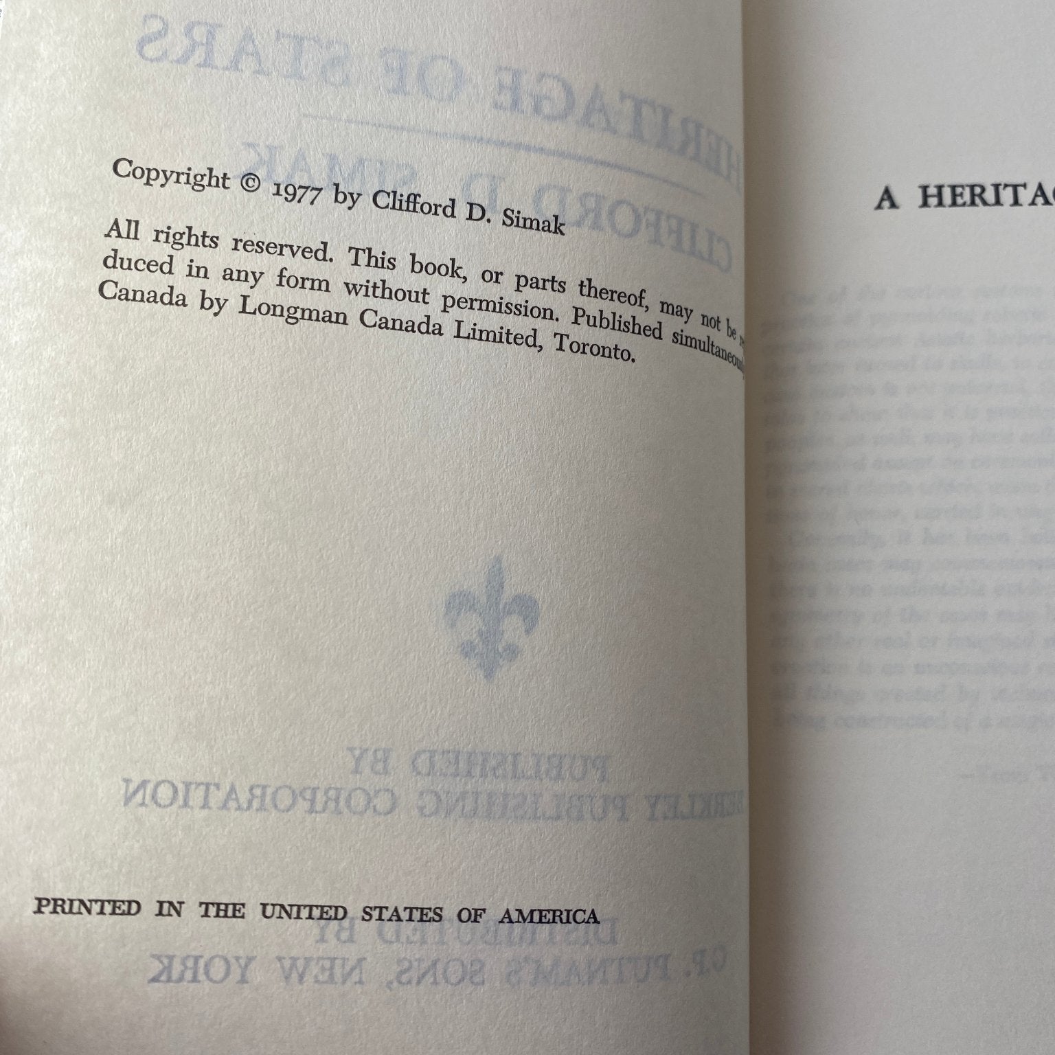 A Heritage of Stars Clifford D. Simak 1977 Book Club Edition Sci-Fi Berkley
