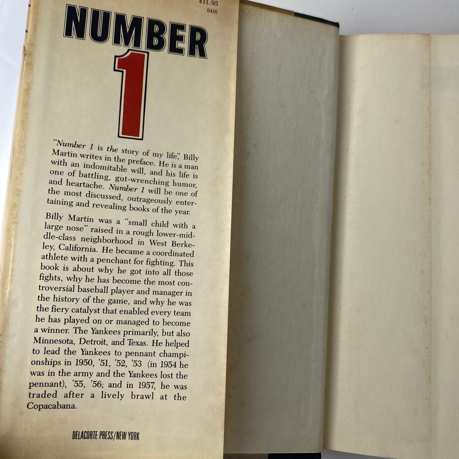 Number 1 Billy Martin Peter Golenbock 1980 2nd Printing Baseball Bio Delacorte