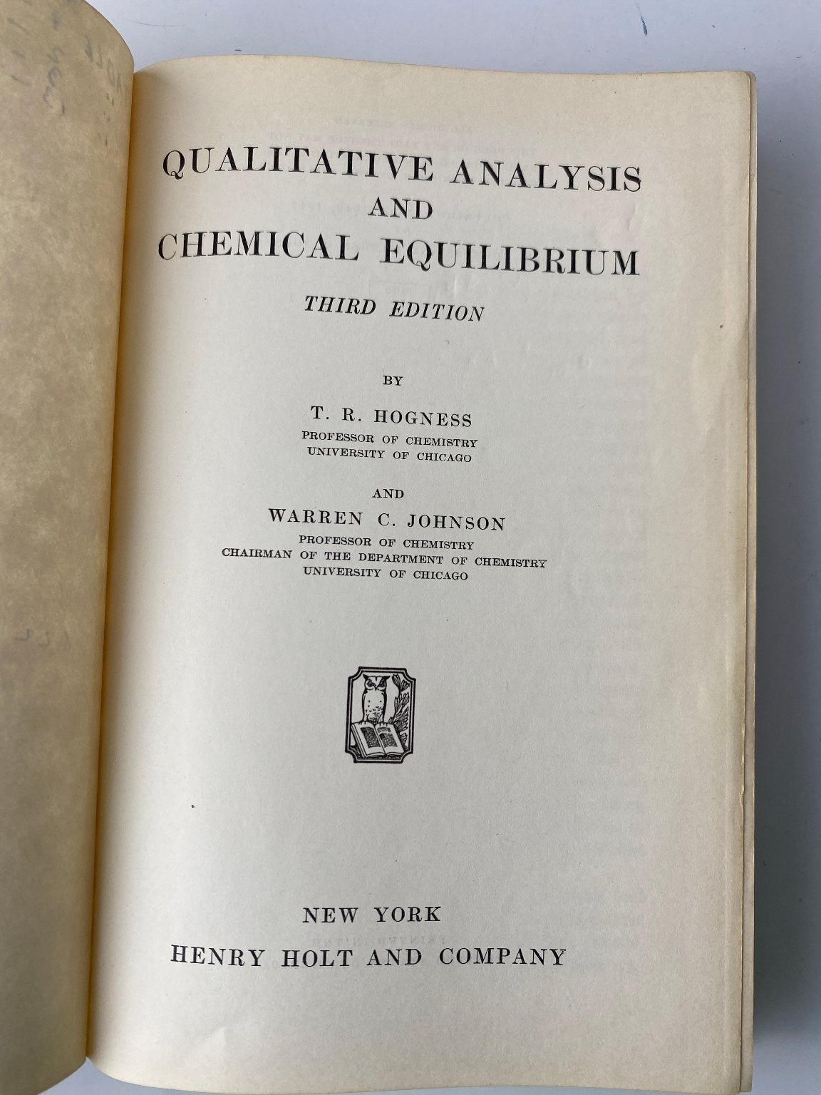 Qualitative Analysis Chemical Equilibrium Hogness Johnson 1947 Third Ed
