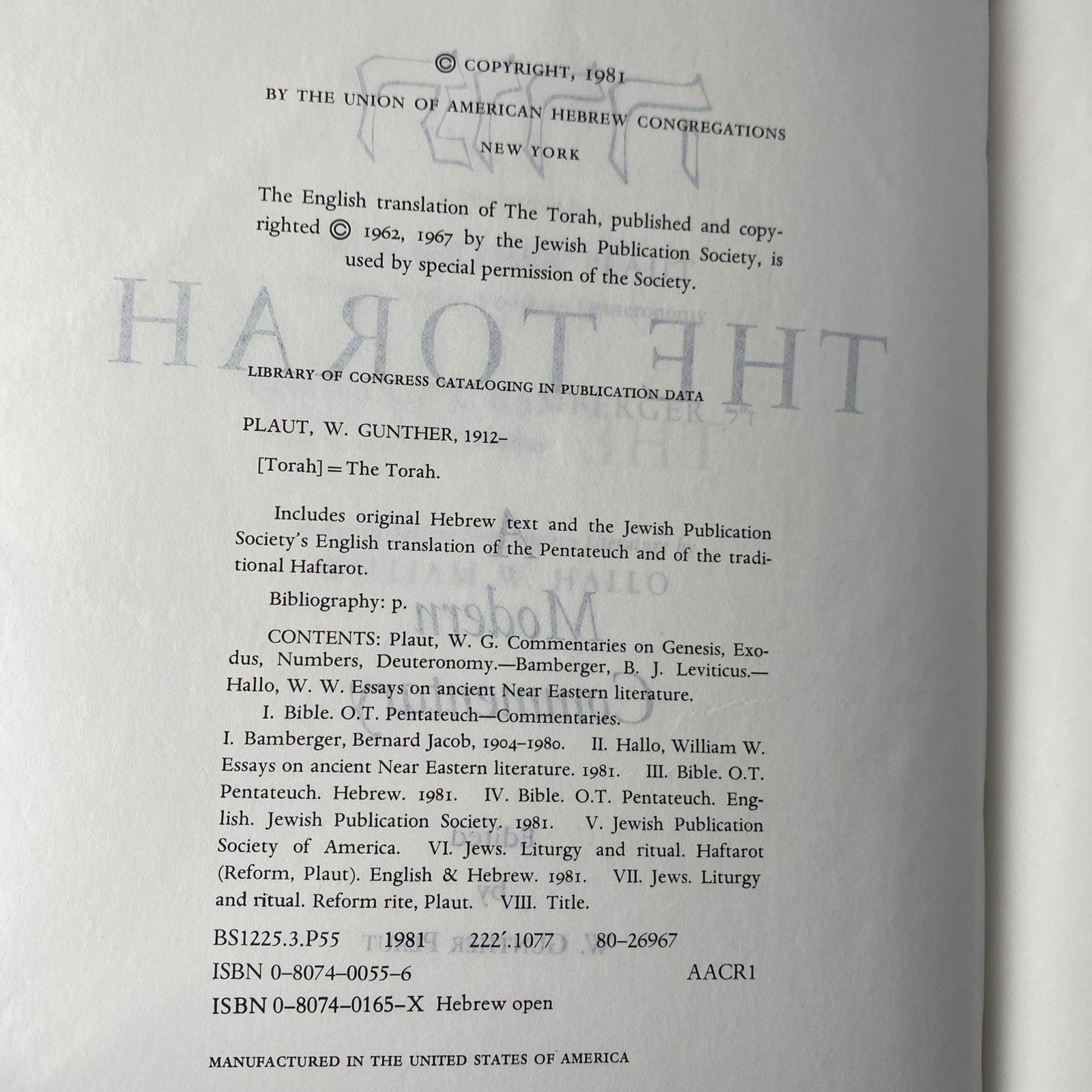 The Torah by The Union of American Hebrew Congregations, copyright 1981