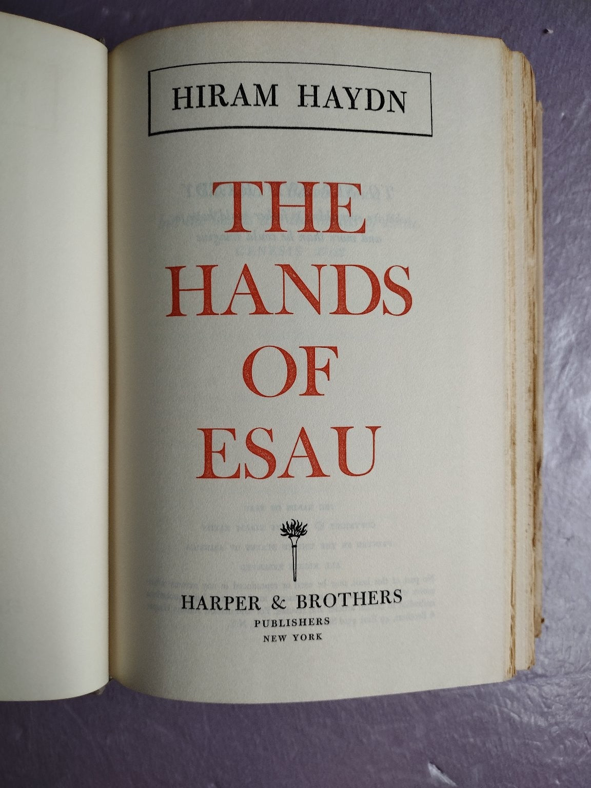 The Hands of Esau Hiram Haydn 1962 Hardcover Fiction Novel Harper & Brothers