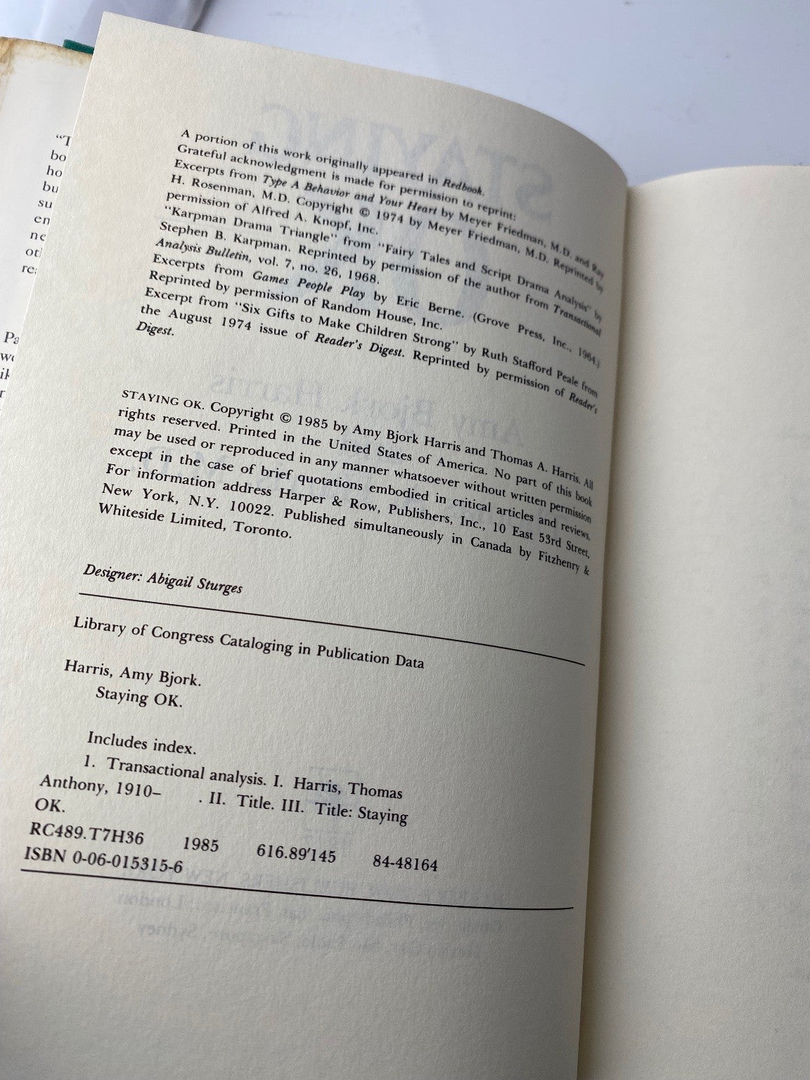 Staying OK Amy Bjork Harris Thomas A Harris 1985 Psychology Harper & Row