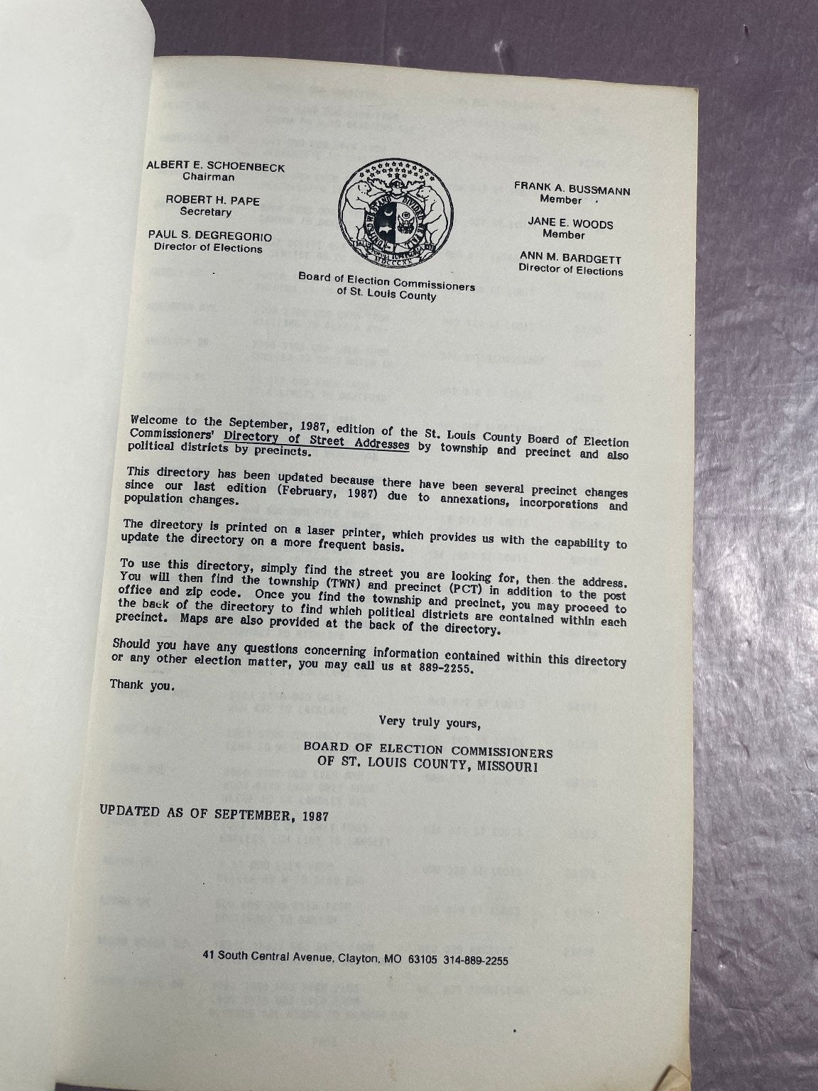 St. Louis County Directory Street Addresses Political Districts 1987 MO Election