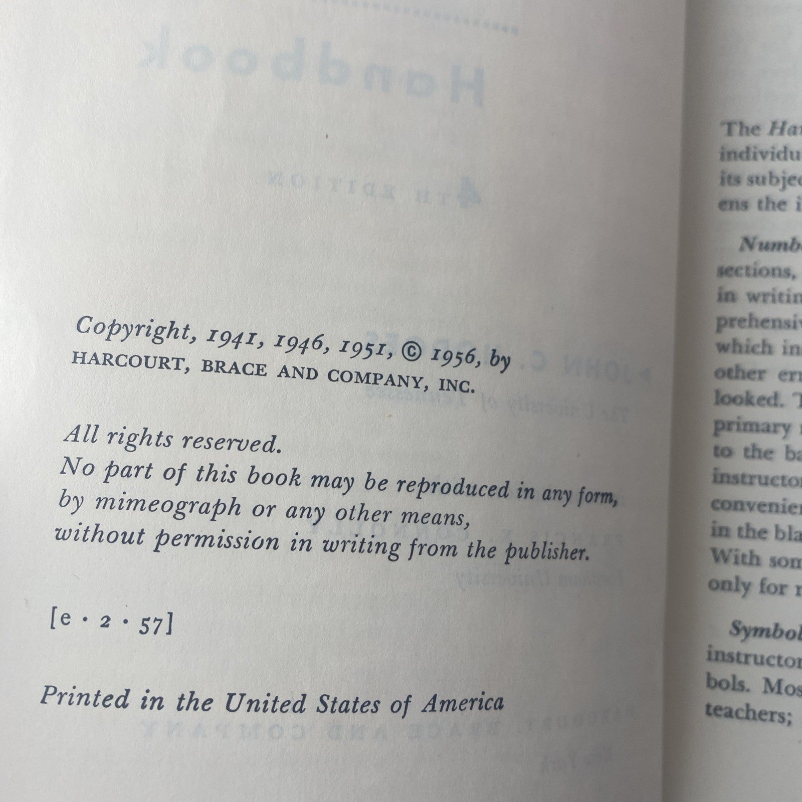 Harbrace College Handbook English 4th Edition 1956 HC Textbook John Hodges HC