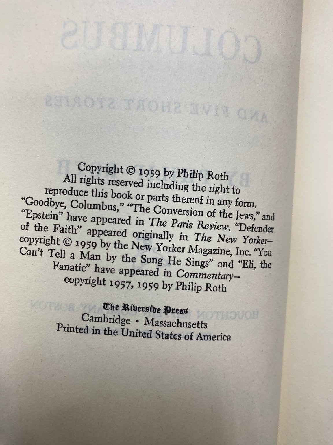 Goodbye, Columbus Philip Roth 1959 Book Club Edition Literary Fiction VINTAGE