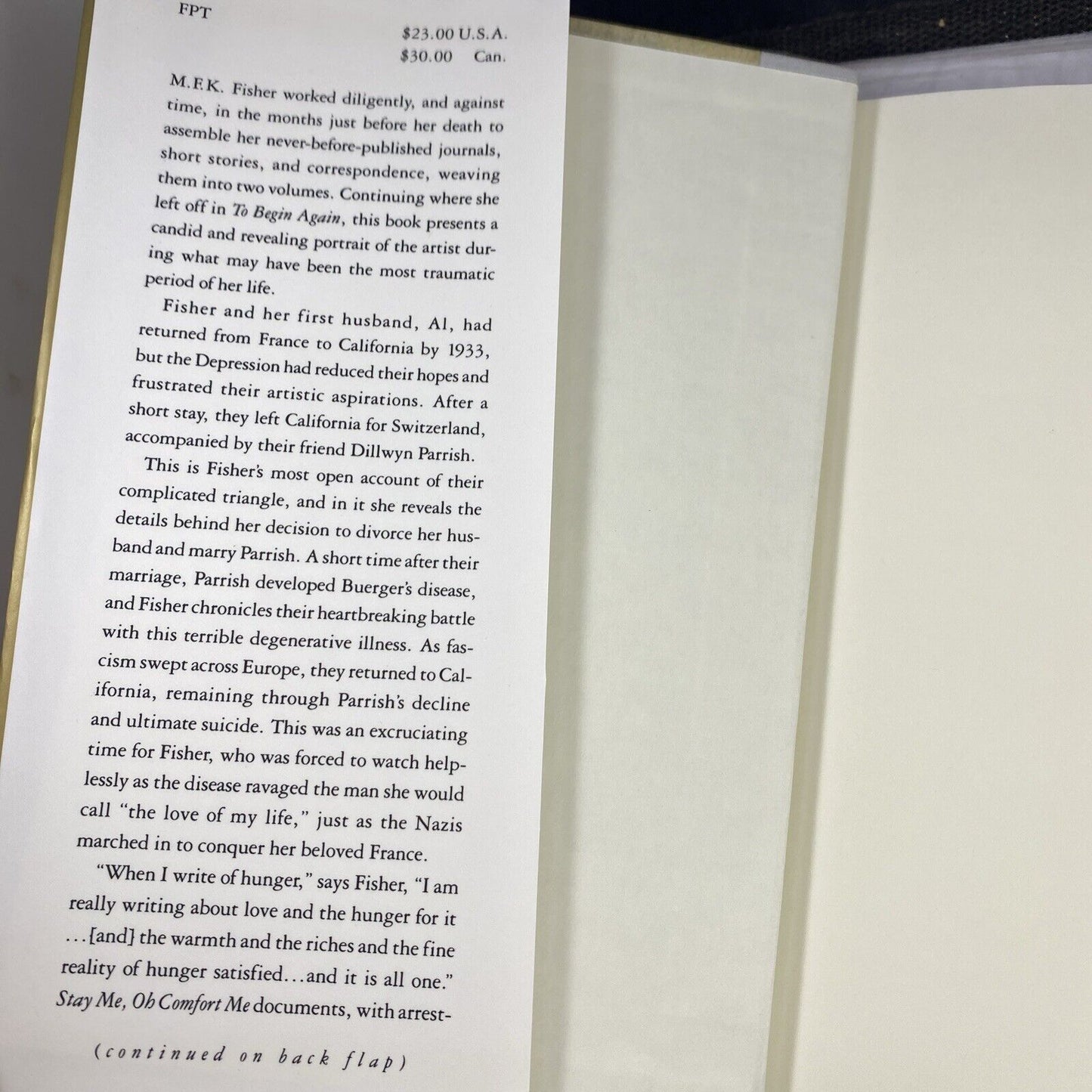 Stay Me, Oh Comfort Me: Journals and Stories 1933-1941 by MFK Fisher HC DJ 1993