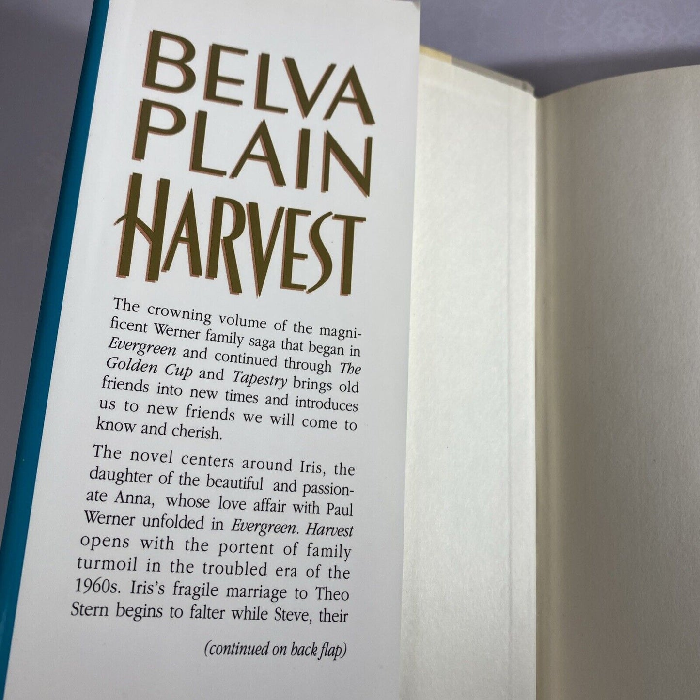 Harvest by Belva Plain 1990 Hardcover Book Club Edition Clean Nice Fiction Novel