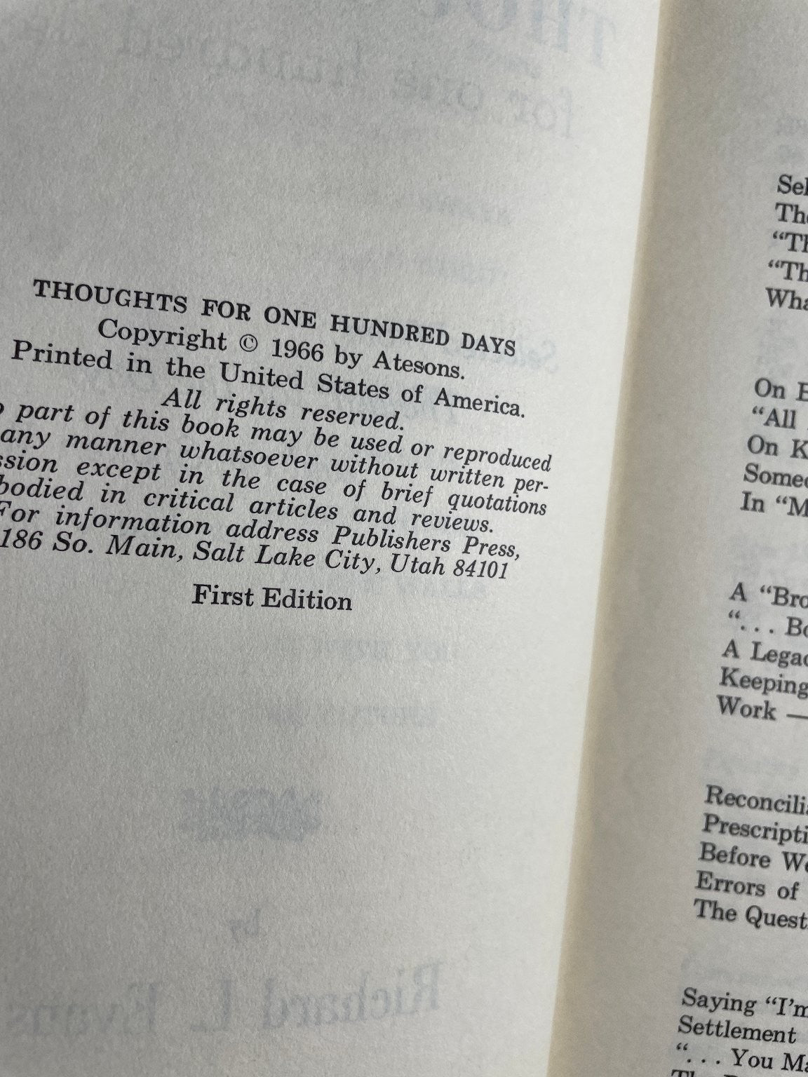 Thoughts for 100 Days Richard L. Evans 1966 First Edition Radio Broadcasts