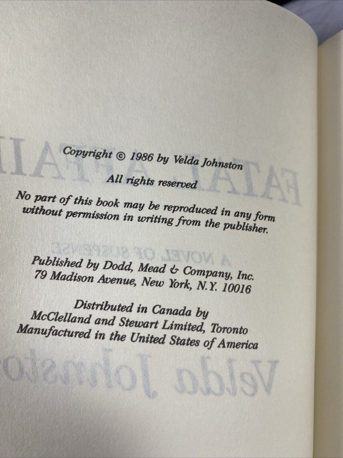 FATAL AFFAIR by Velda Johnston (Very Good Condition - Hardcover) UNMARKED