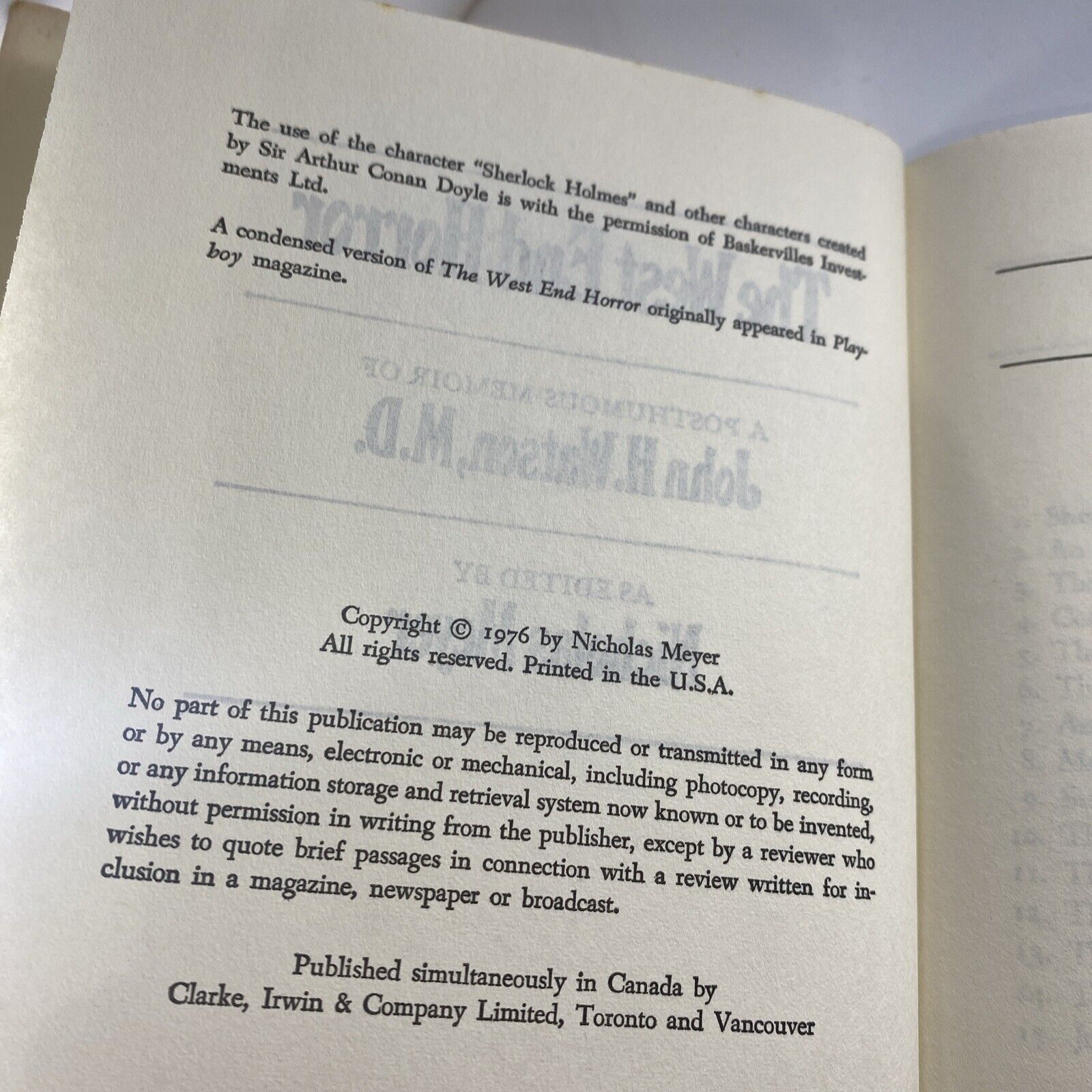 The West End Horror A Posthumous Memoir of John H. Watson, M.D. hardcover 1976