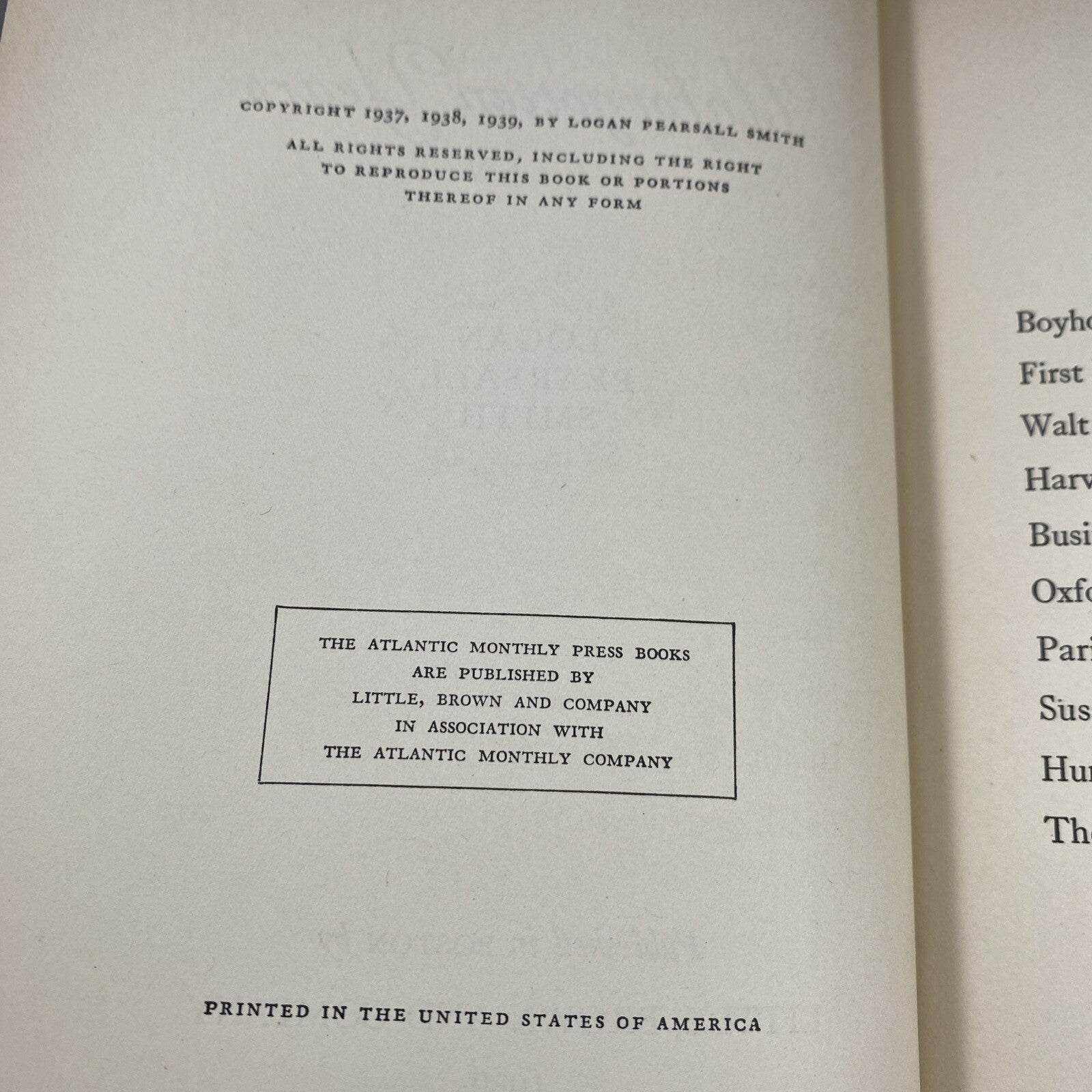 1939 Logan Pearsall Smith UNFORGOTTEN YEARS Memoir Walt Whitman W/ DJ Rare