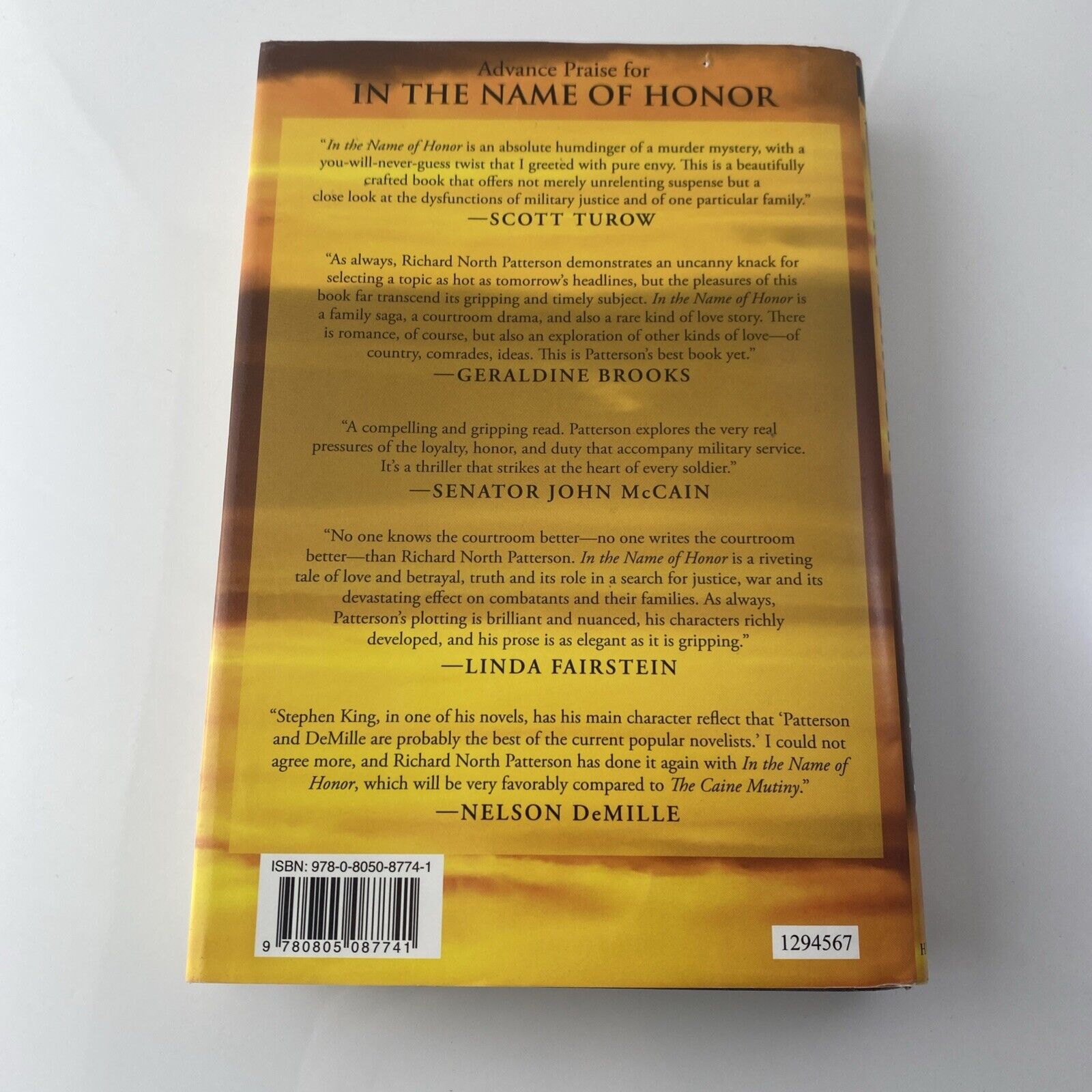 In The Name Of Honor by Richard North Patterson Book Club Edition