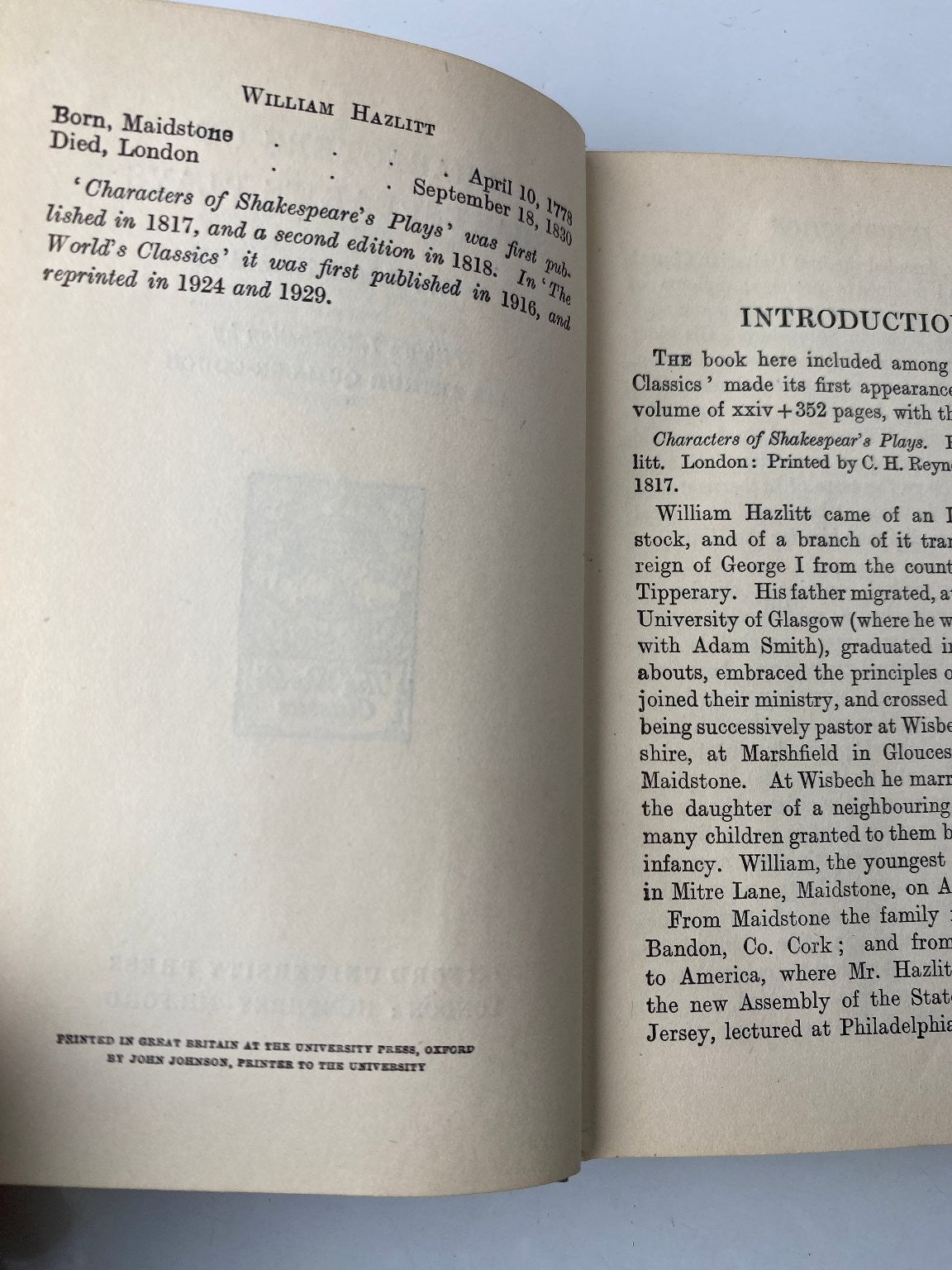 Characters of Shakespeare's Plays Hazlitt 1929 World's Classics Oxford Press