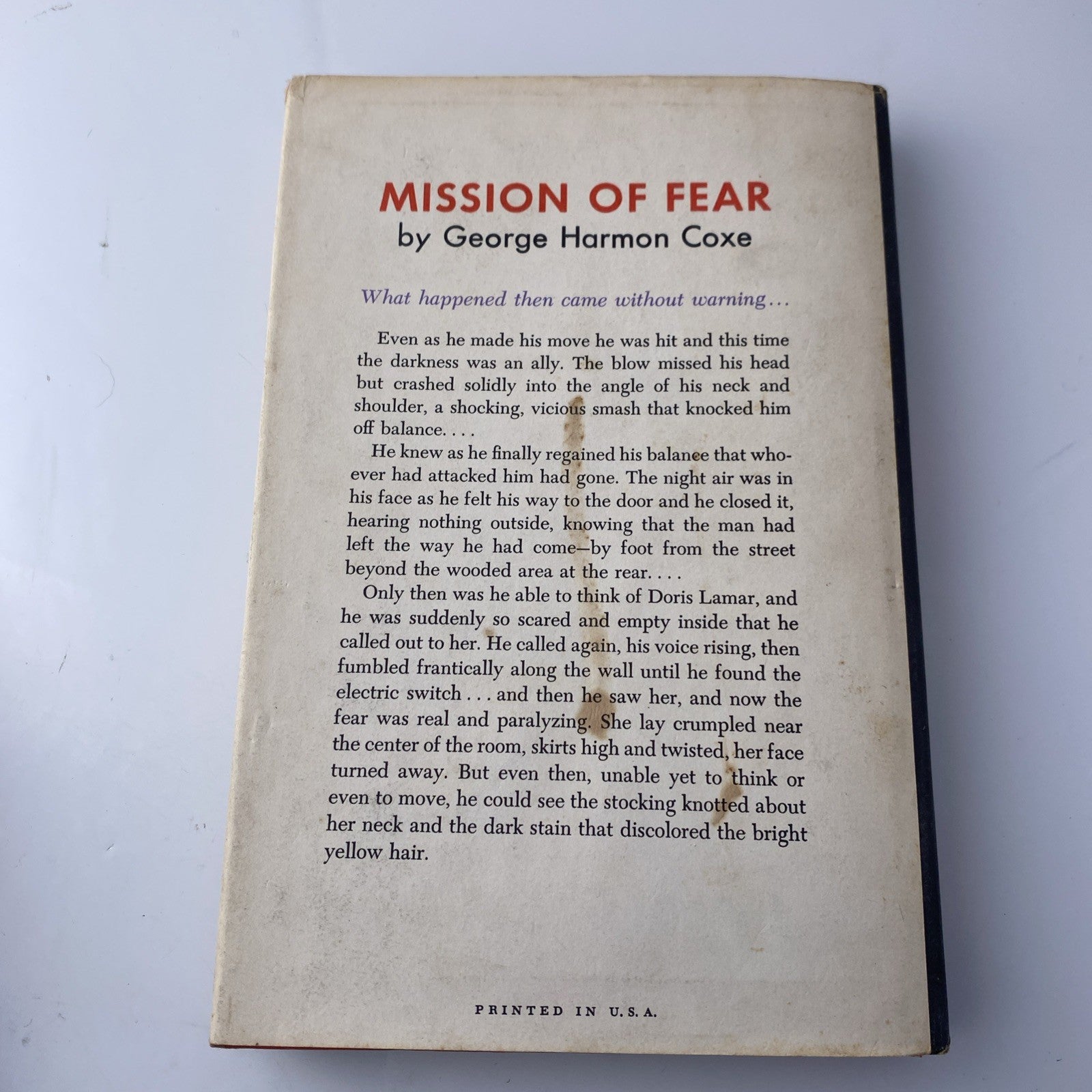 E1-48 Hardcover book MISSION OF FEAR George Harmon Coxe ALFRED A. KNOPF 1962