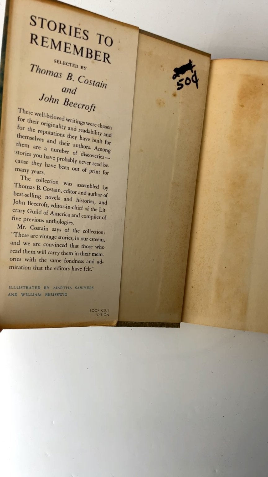 Stories to Remember Thomas B. Costain John Beecroft 1956 Book Club Edition