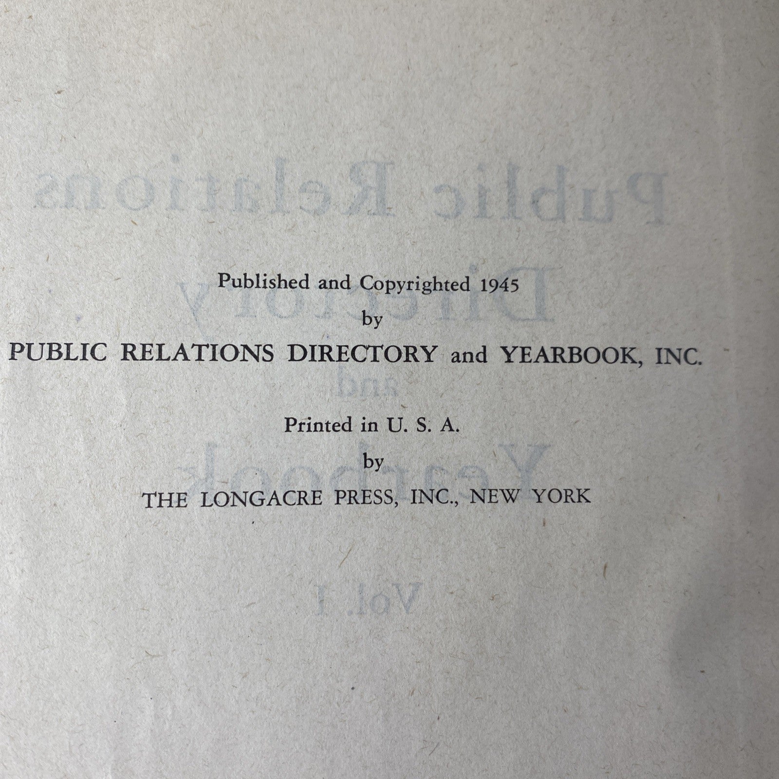 Public Relations Directory Yearbook Vol. 1 Business Politics Vintage 1945 HC