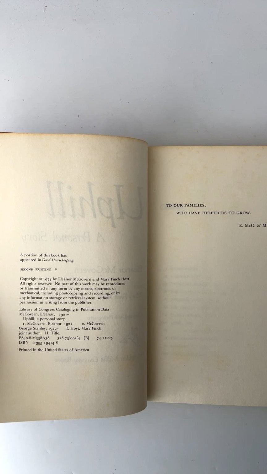 Uphill A Personal Story Eleanor McGovern 1974 Second Printing Memoir Houghton
