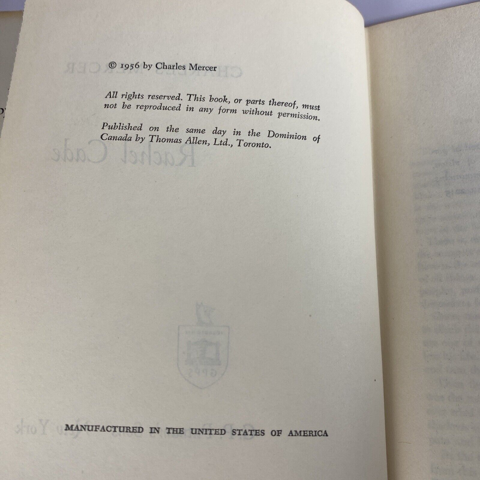Rachel Cade a Novel by Charles Mercer Vintage Book Club Edition, 1956 Hardcover