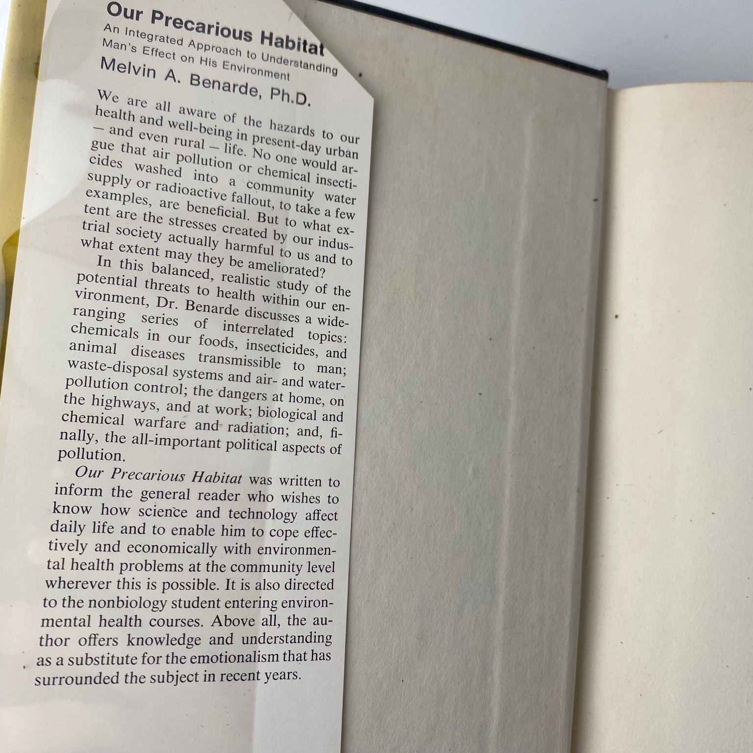Our Precarious Habitat Melvin A. Benarde 1970 First Ed Environmental movement