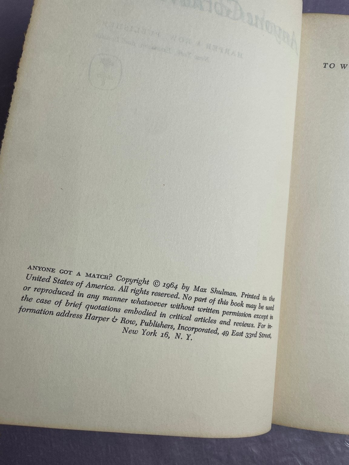 Anyone Got a Match? Max Shulman 1964 First Edition Humor Harper & Row