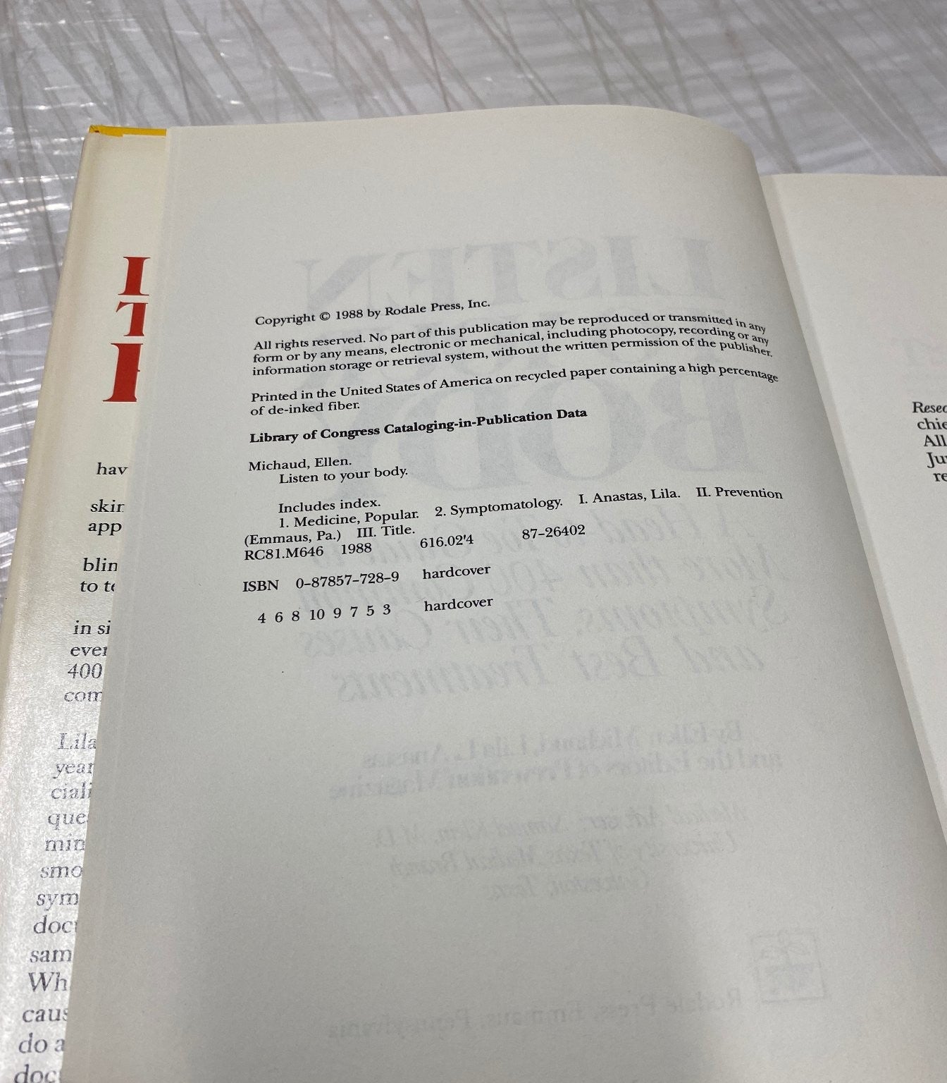 Listen to Your Body Michaud Anastas 1988 First Edition Health Guide Rodale