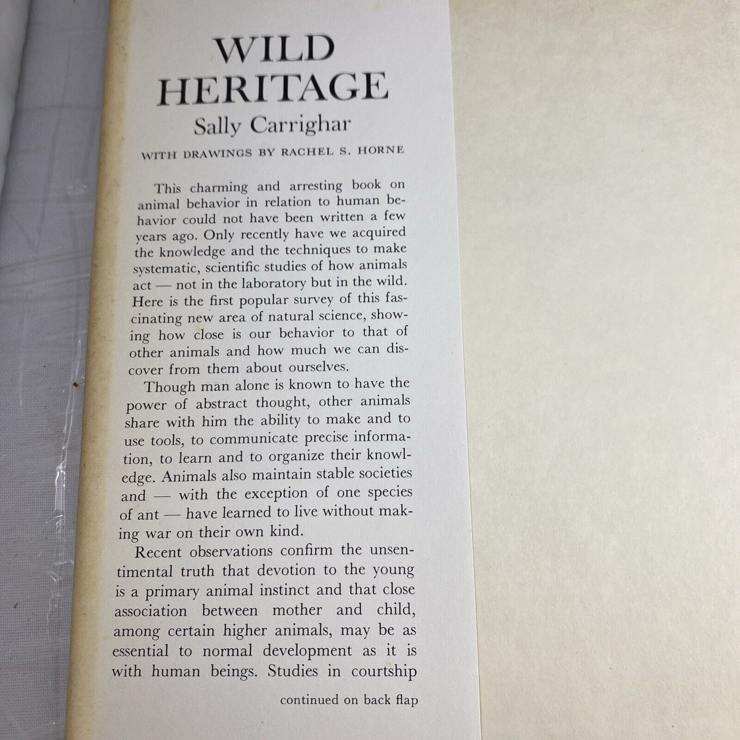 Wild Heritage by Sally  Carrighar - Vintage 60s Animal & Human Behavior Psych