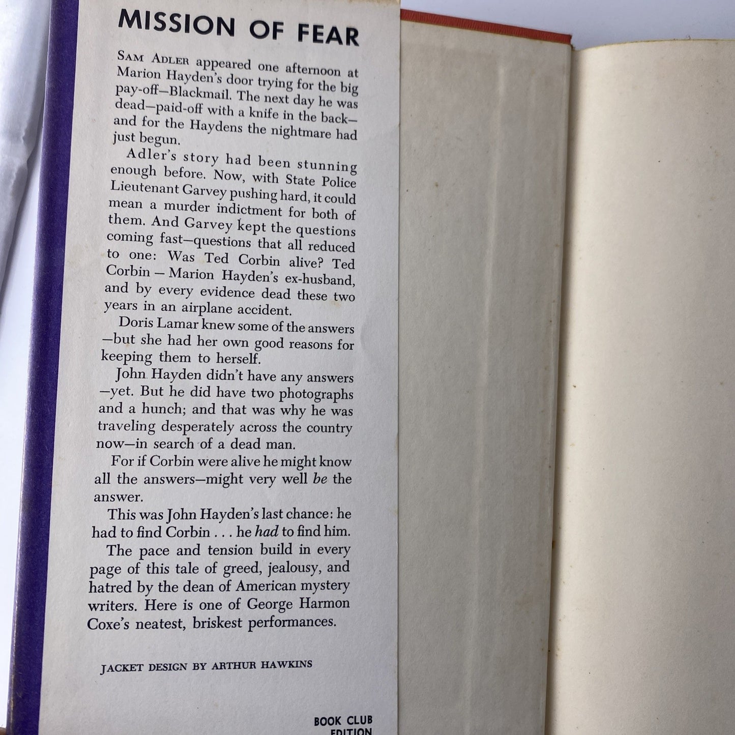 E1-48 Hardcover book MISSION OF FEAR George Harmon Coxe ALFRED A. KNOPF 1962