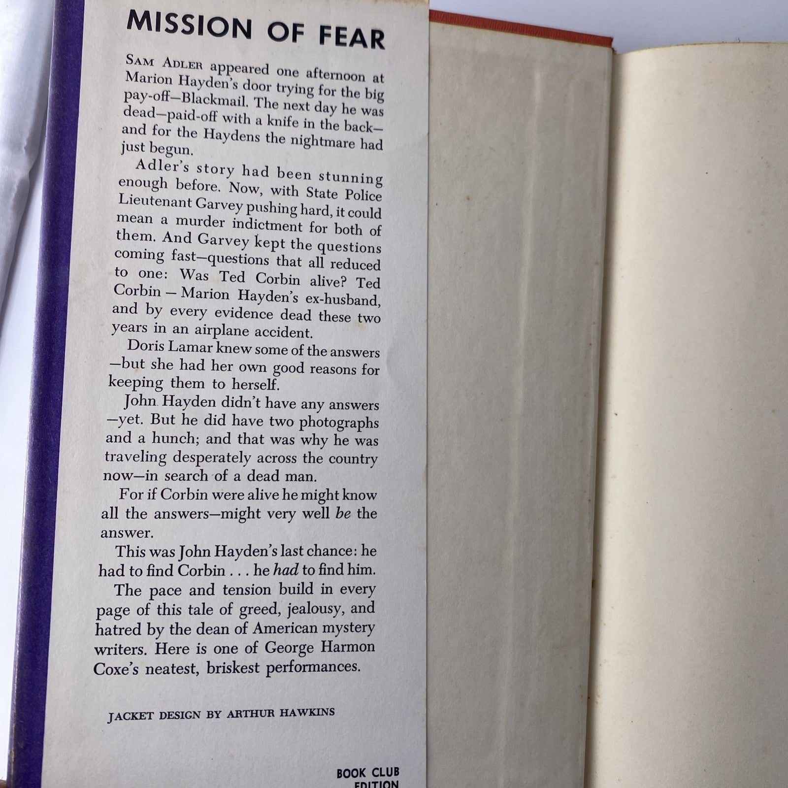 E1-48 Hardcover book MISSION OF FEAR George Harmon Coxe ALFRED A. KNOPF 1962