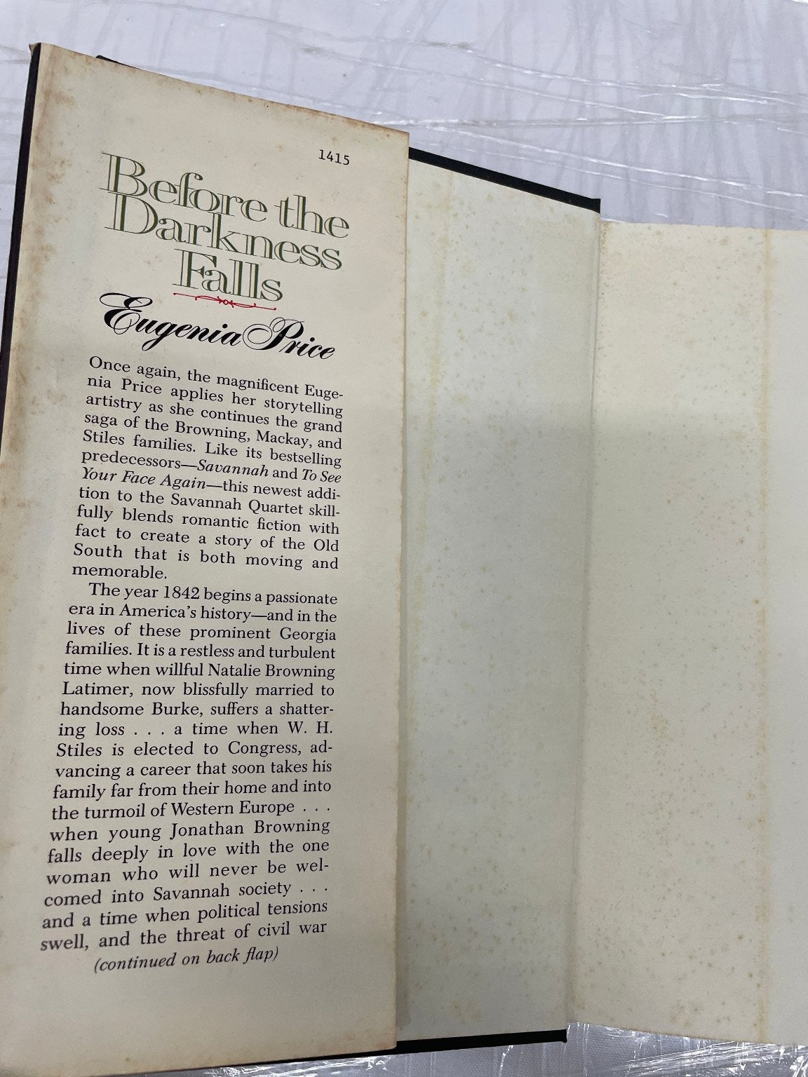 Before the Darkness Falls Eugenia Price First Edition 1987 Historical Fiction