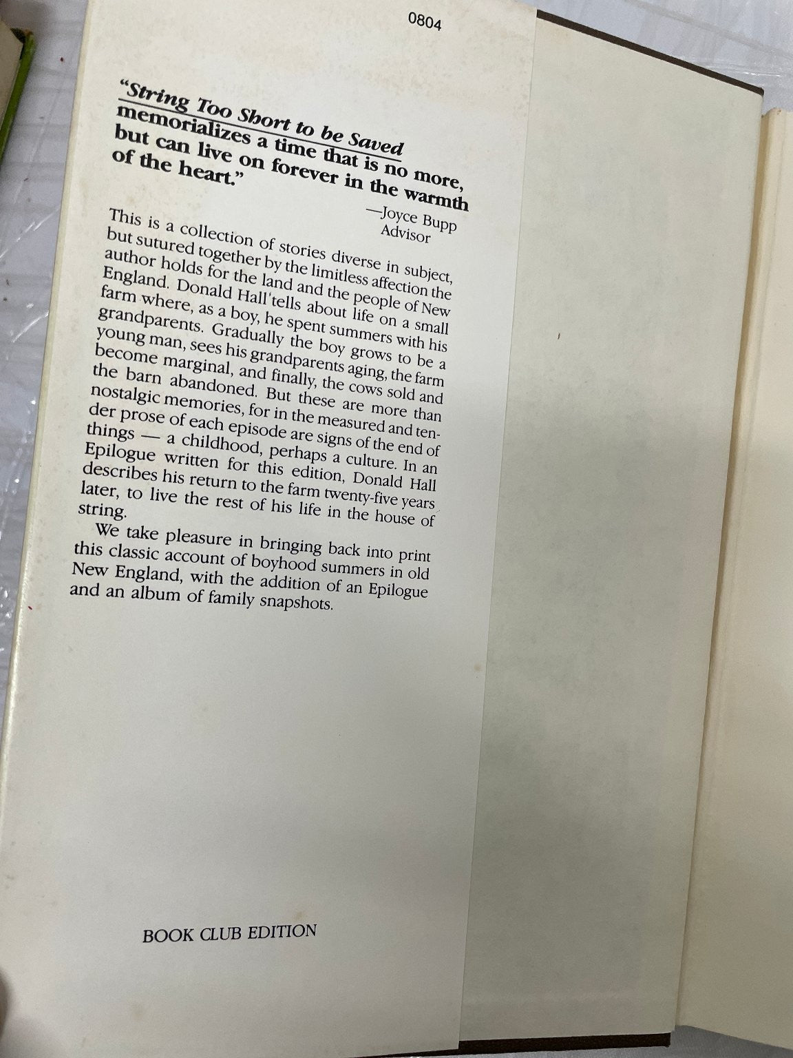 String Too Short to Be Saved Donald Hall Book Club Edition 1979 Memoir