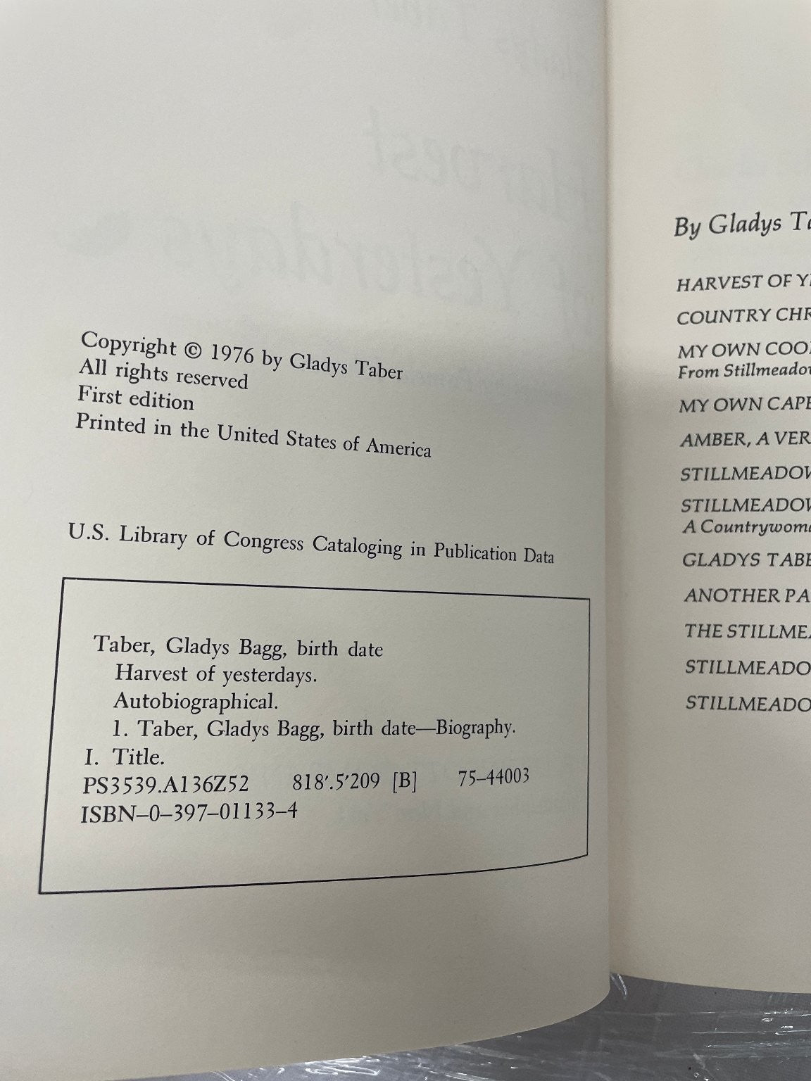 Harvest of Yesterdays Gladys Taber First Edition 1976 Autobiography