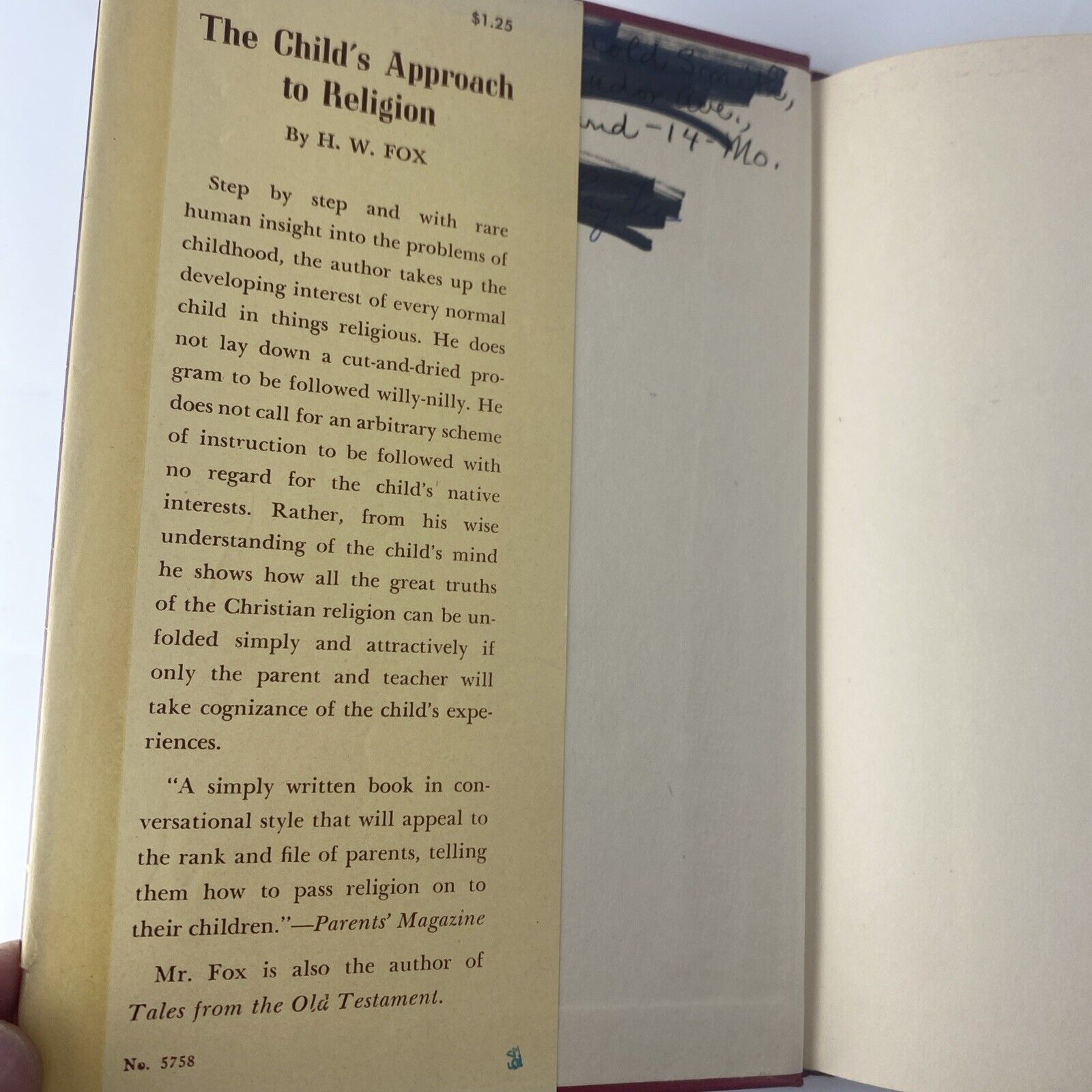 The Child's Approach to Religion, H.W. Fox, 1945, 2nd Ed, HC/DJ  (T0920)