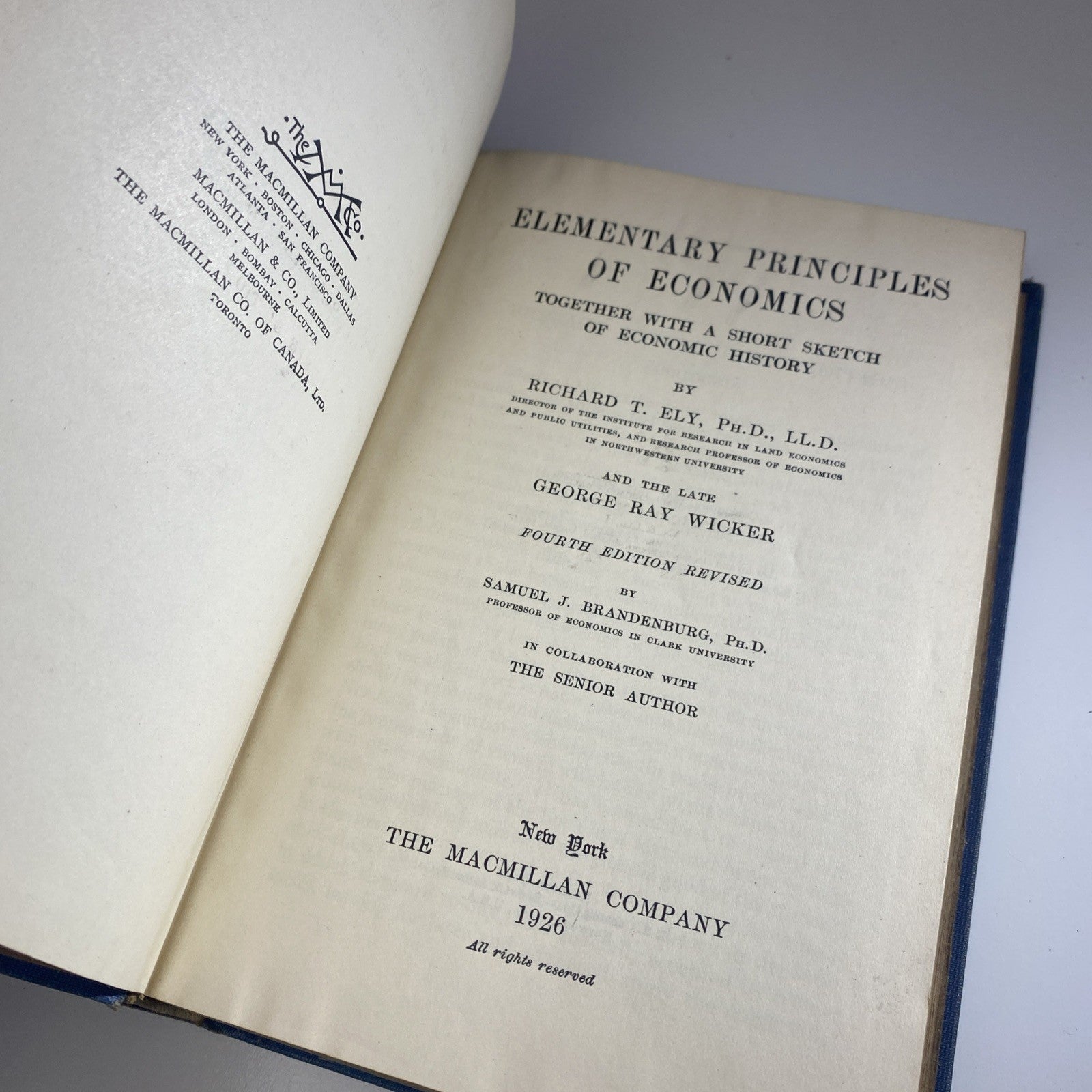 Antique Elementary Principles of Economics by Ely & Wicker 1926 New Edition