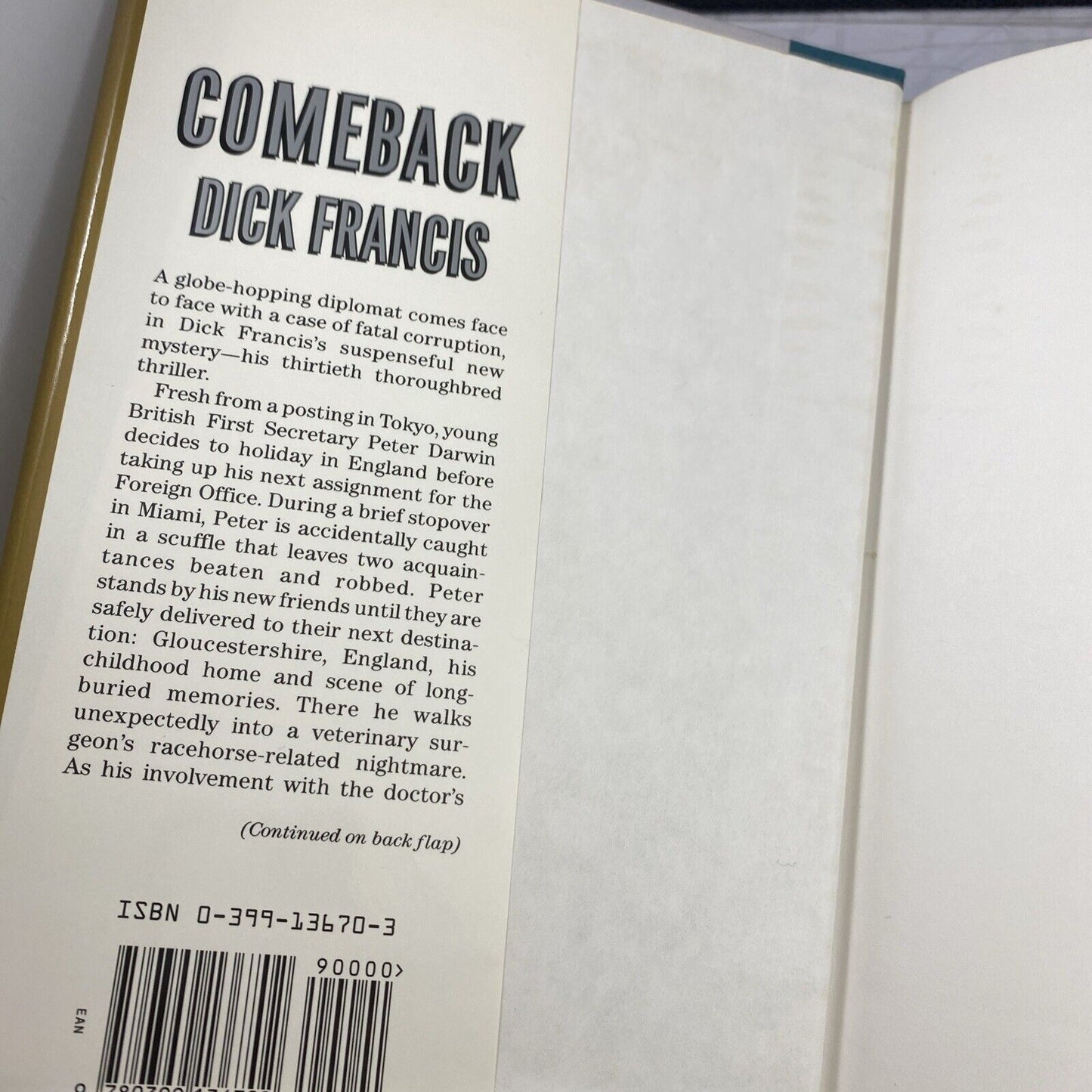 Comeback Hardcover Book By Dick Francis w/ Dust Jacket 1991