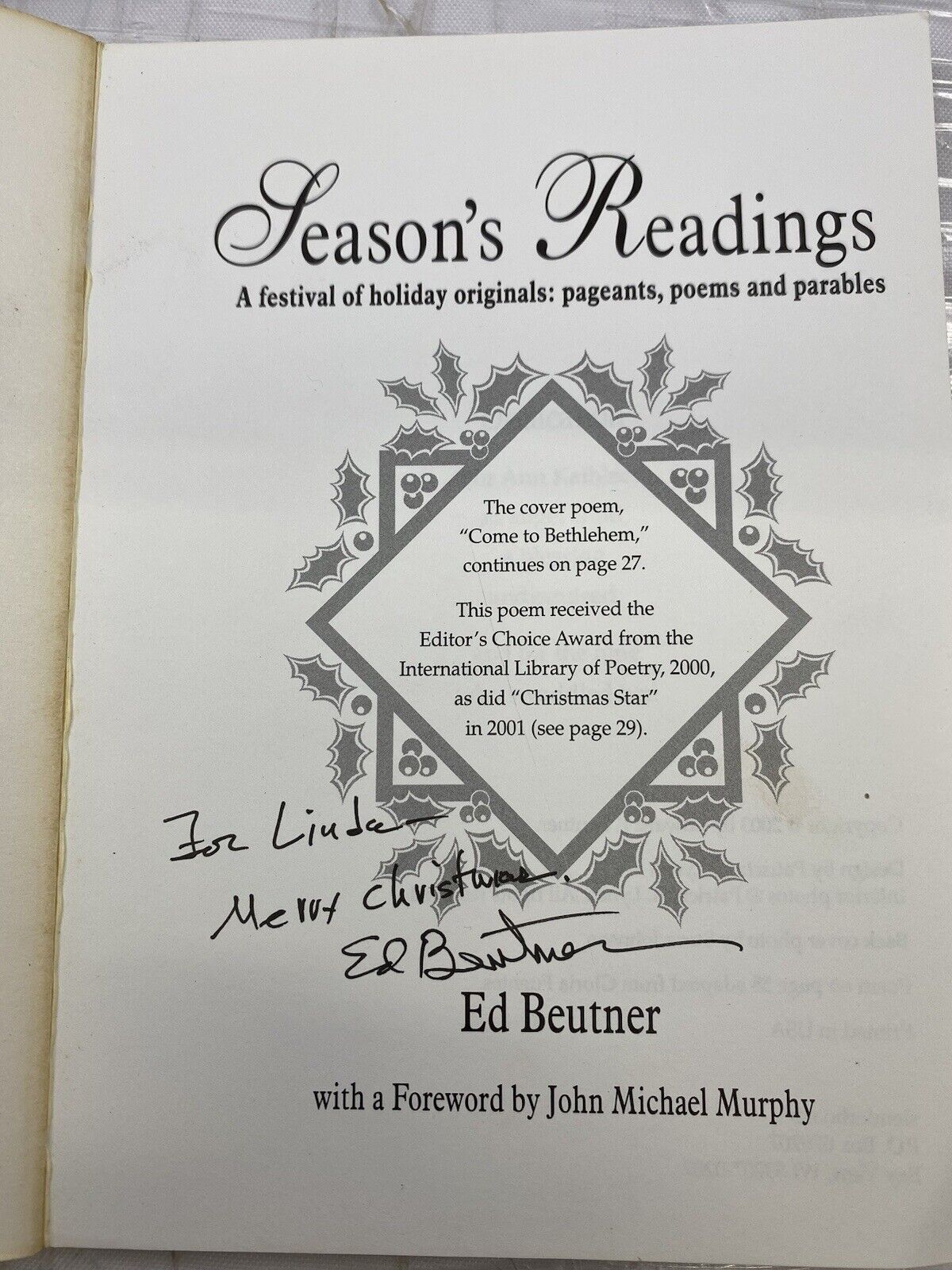 Season's Readings Perpetual Angelus By Ed Beutner SIGNED BY AUTH Lot 2 Poetry Pp