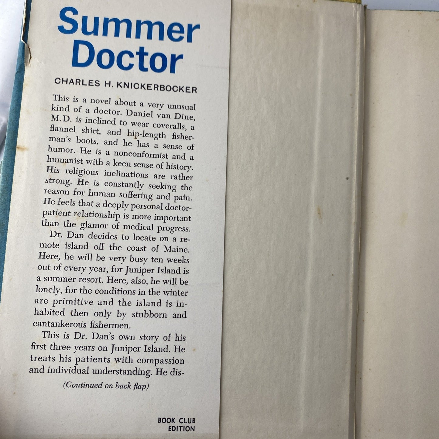 Summer Doctor By Charles H. Knickerbocker 1963 Book Club Edition Hard Cover W/DJ