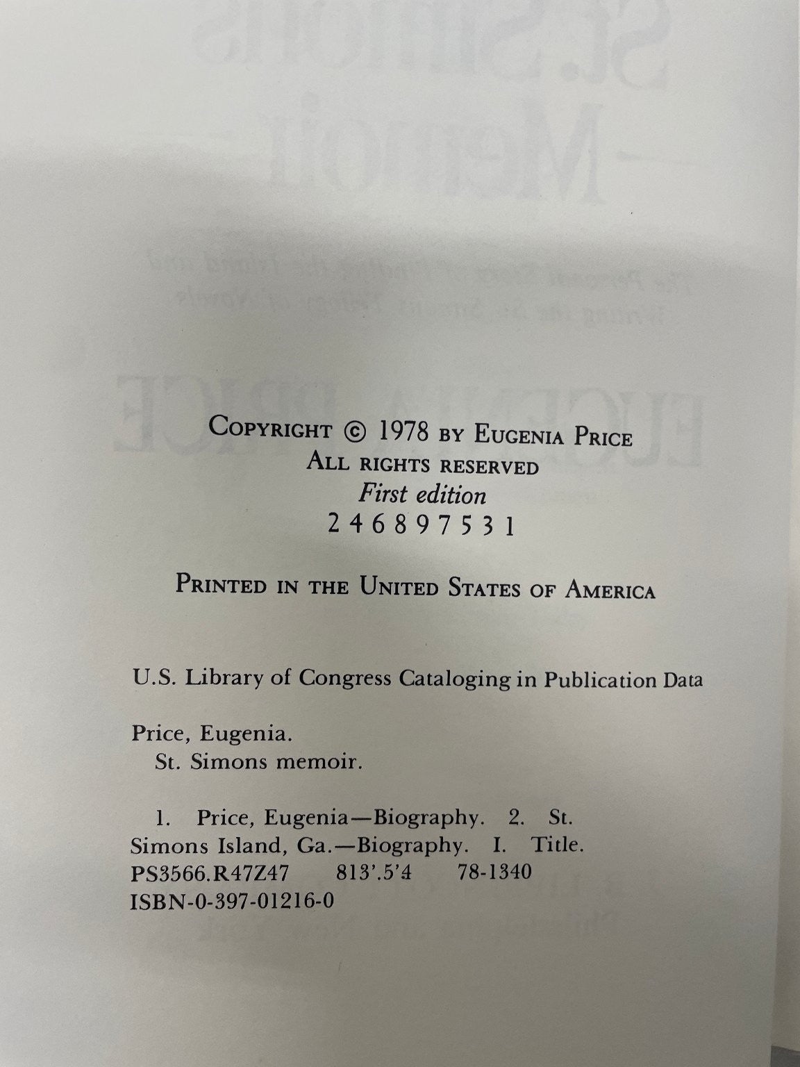 St. Simons Memoir Eugenia Price First Edition 1978 Historical Fiction First