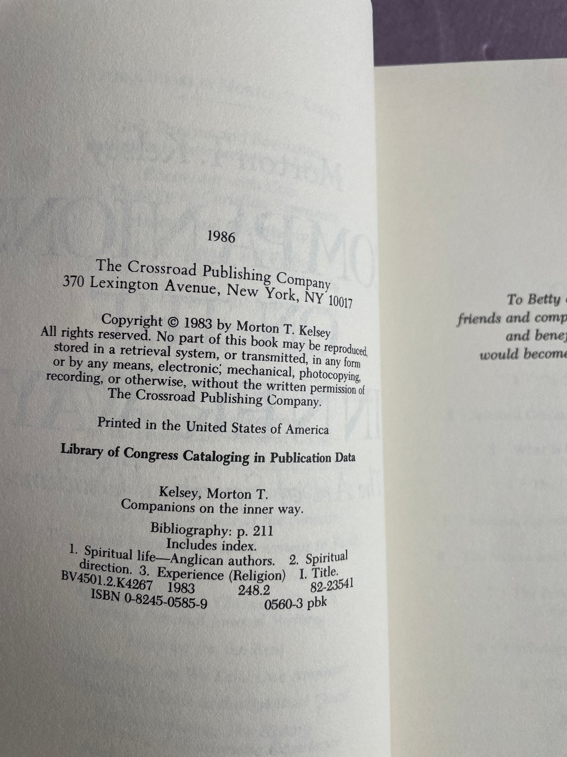 Companions on the Inner Way Morton T. Kelsey 1986 Spiritual Guidance Crossroad