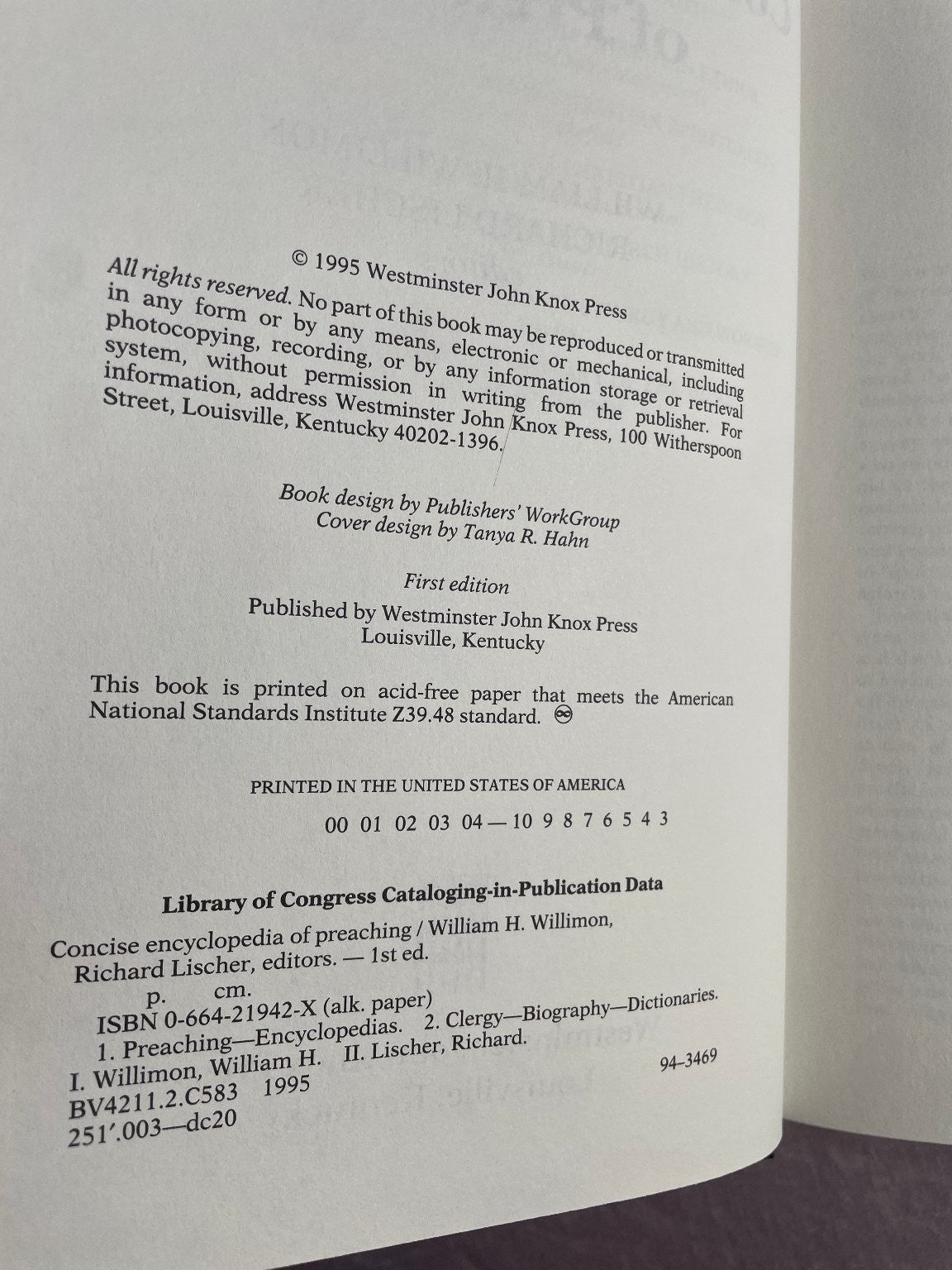 Concise Encyclopedia of Preaching Willimon Lischer 1995 First Edition Hardcover