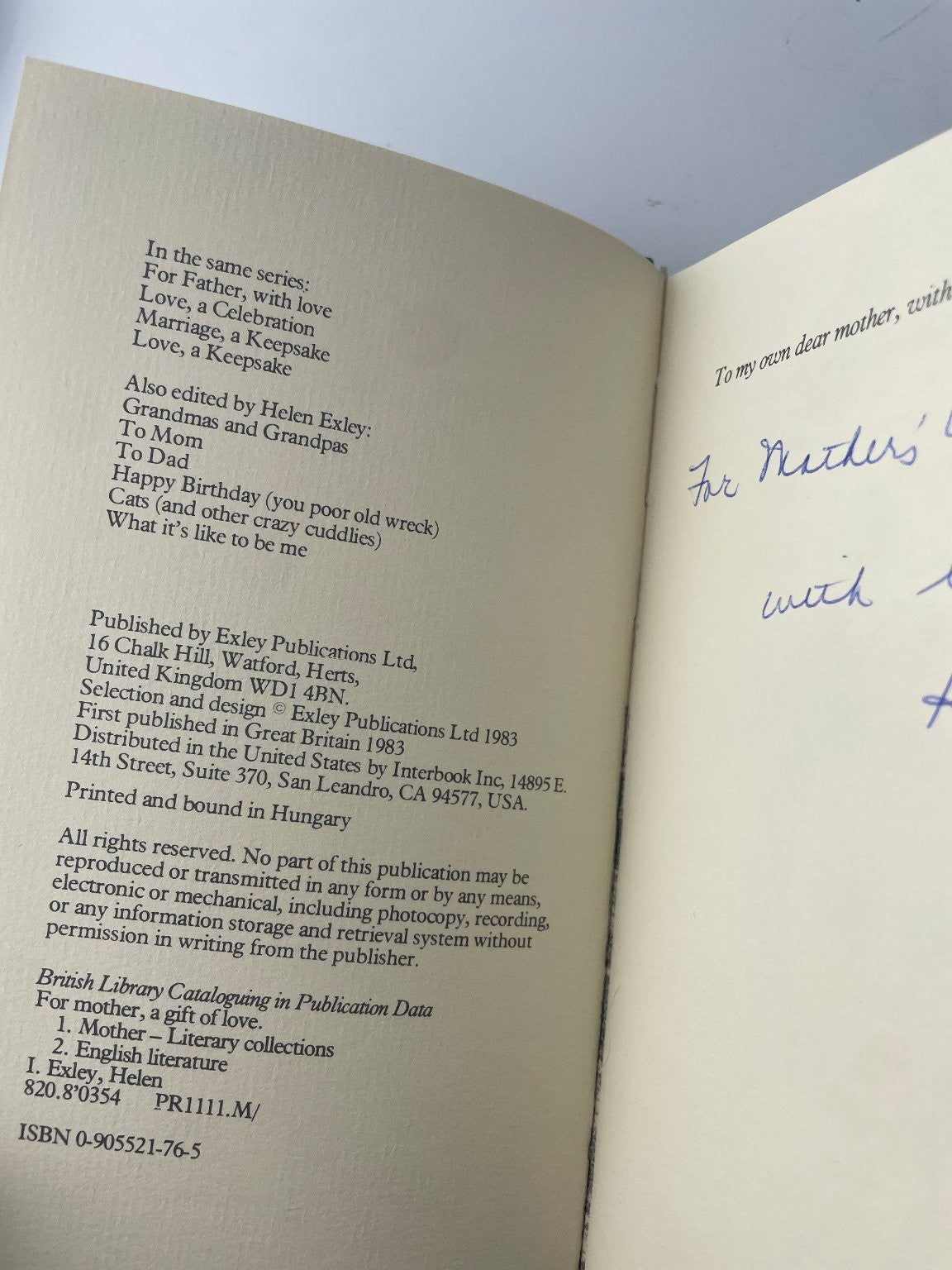 For Mother A Gift of Love Helen Exley 1983 First Edition Poetry Exley
