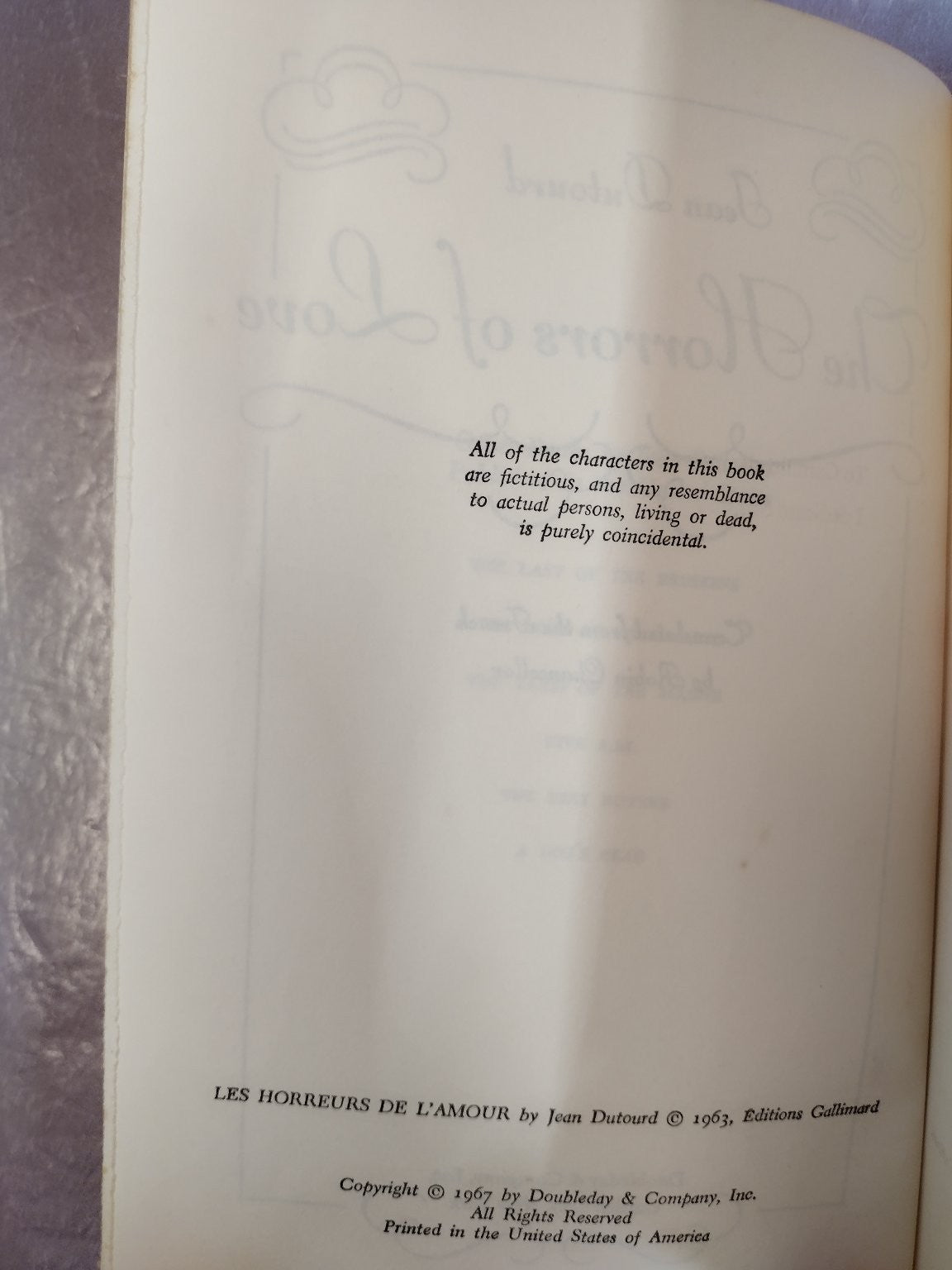 Horrors of Love Jean Dutourd 1967 First Edition Doubleday Novel Fiction