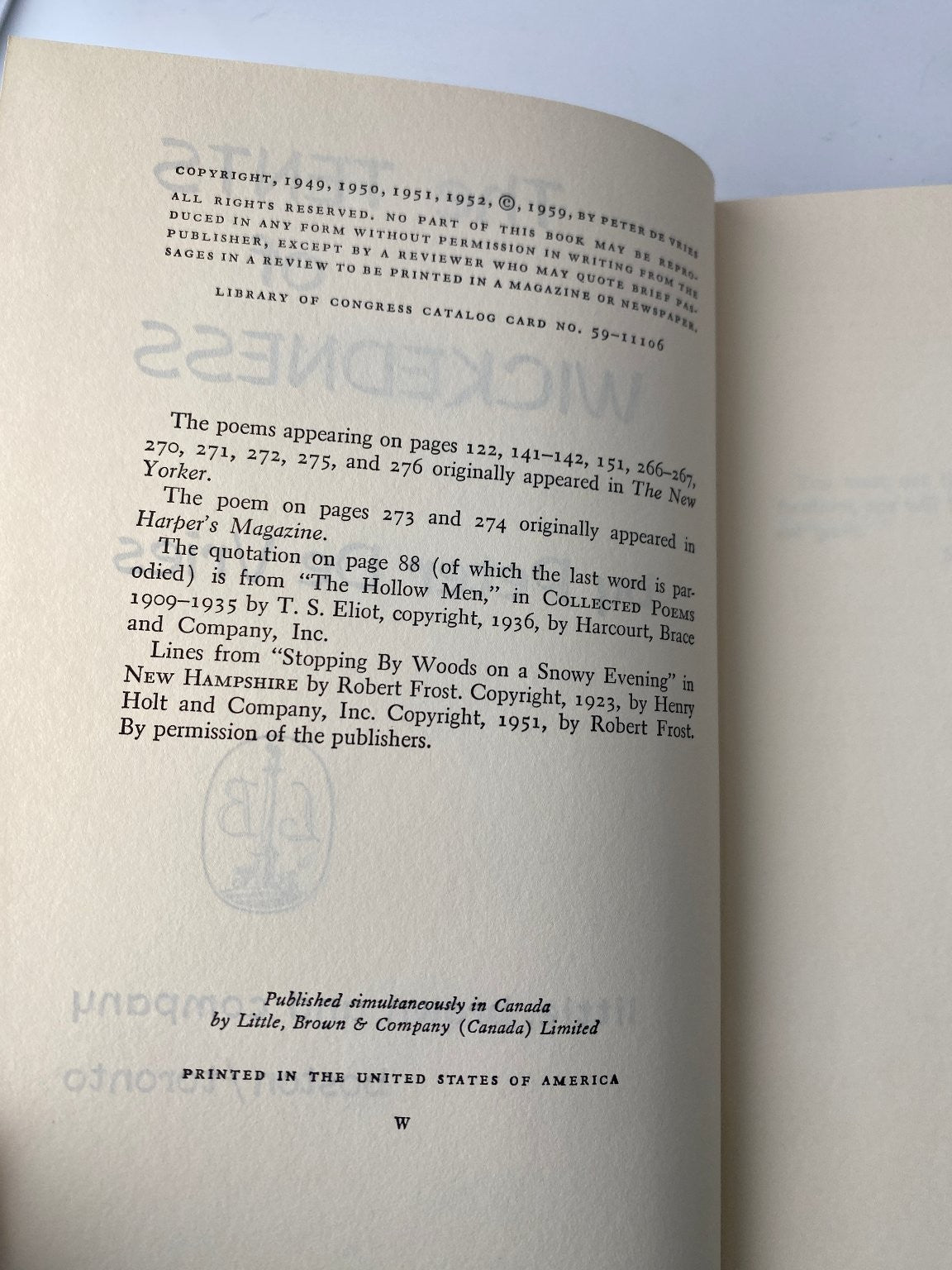 The TENTS of WICKEDNESS Peter De Vries 1959 First Printing Novel Little Brown