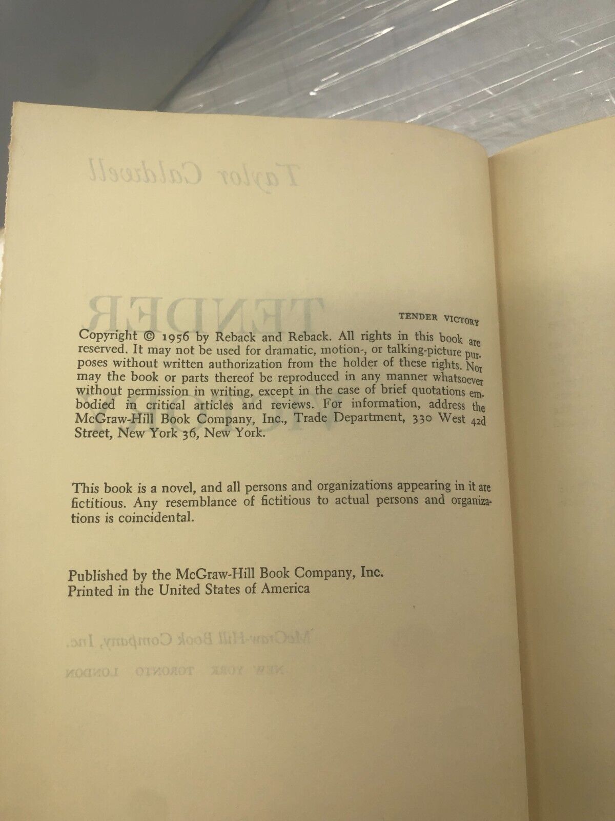 Christian Fiction 1956 Tender Victory by Taylor Caldwell HC Book Club Edition