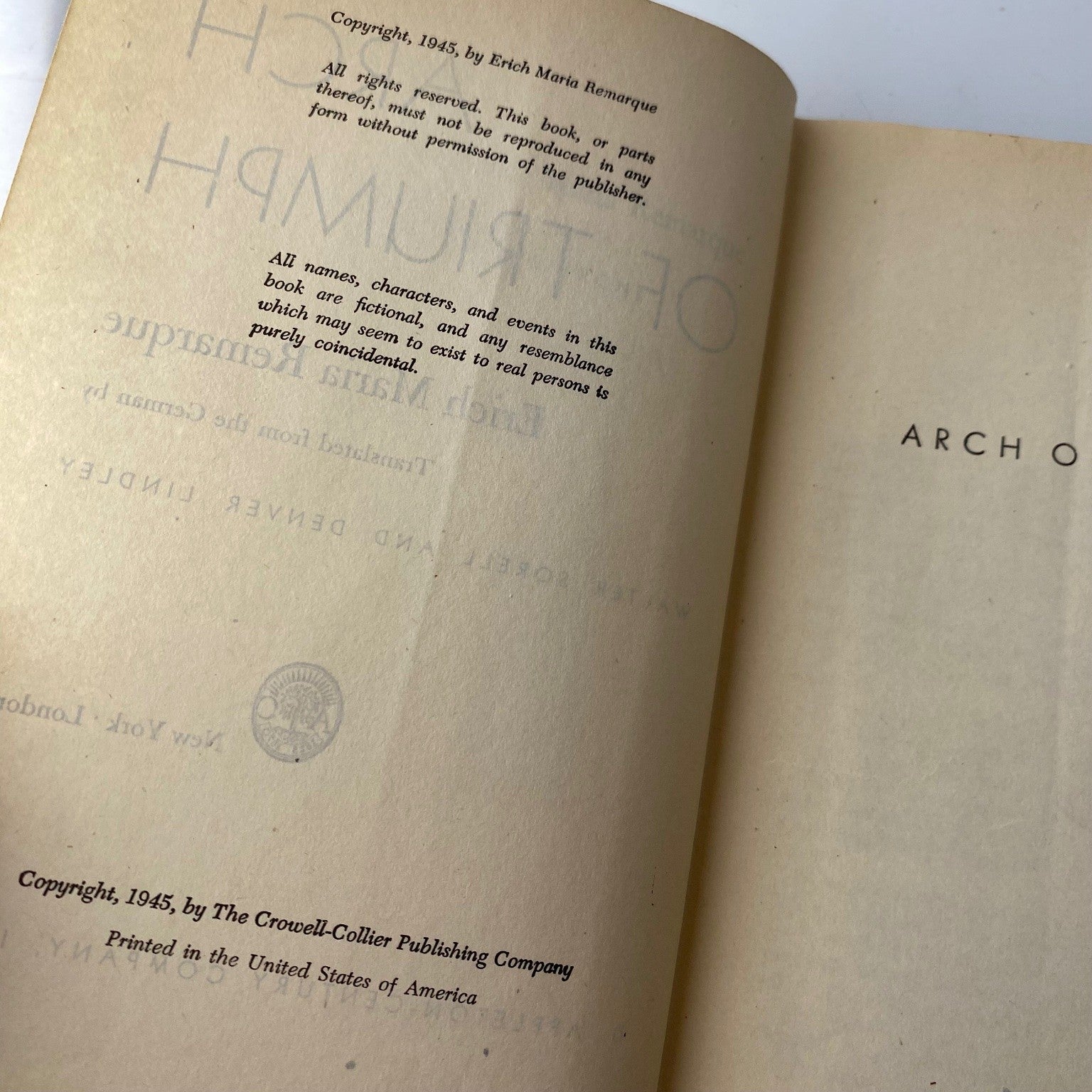 Arch of Triumph Erich Maria Remarque 1945 First Edition Classic War Novel