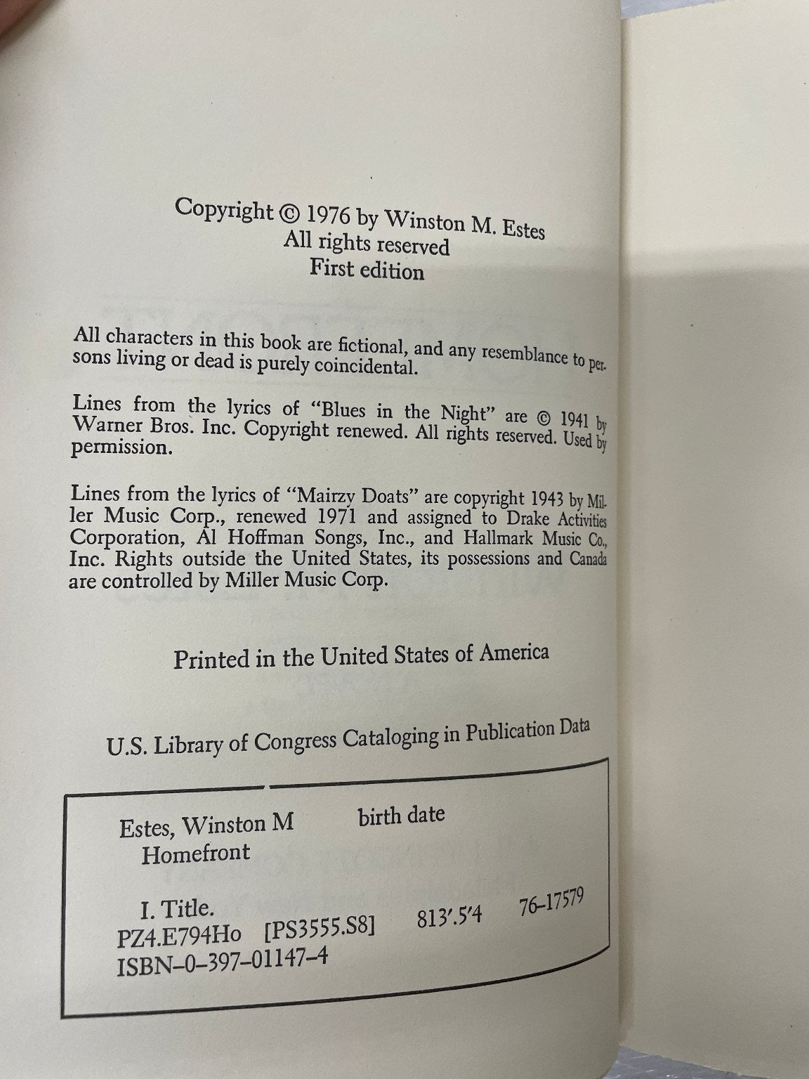 Homefront Winston M. Estes First Edition 1976 Novel WWII Historical Fiction