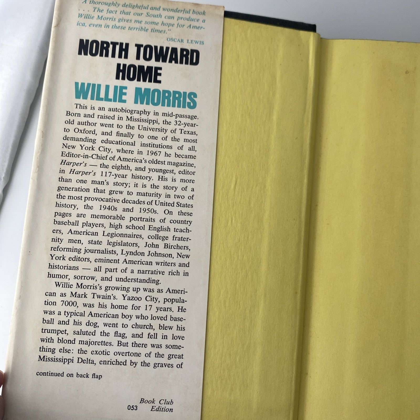 North Toward Home by Willie Morris HC w/ DJ Book Club Edition Vintage Novel