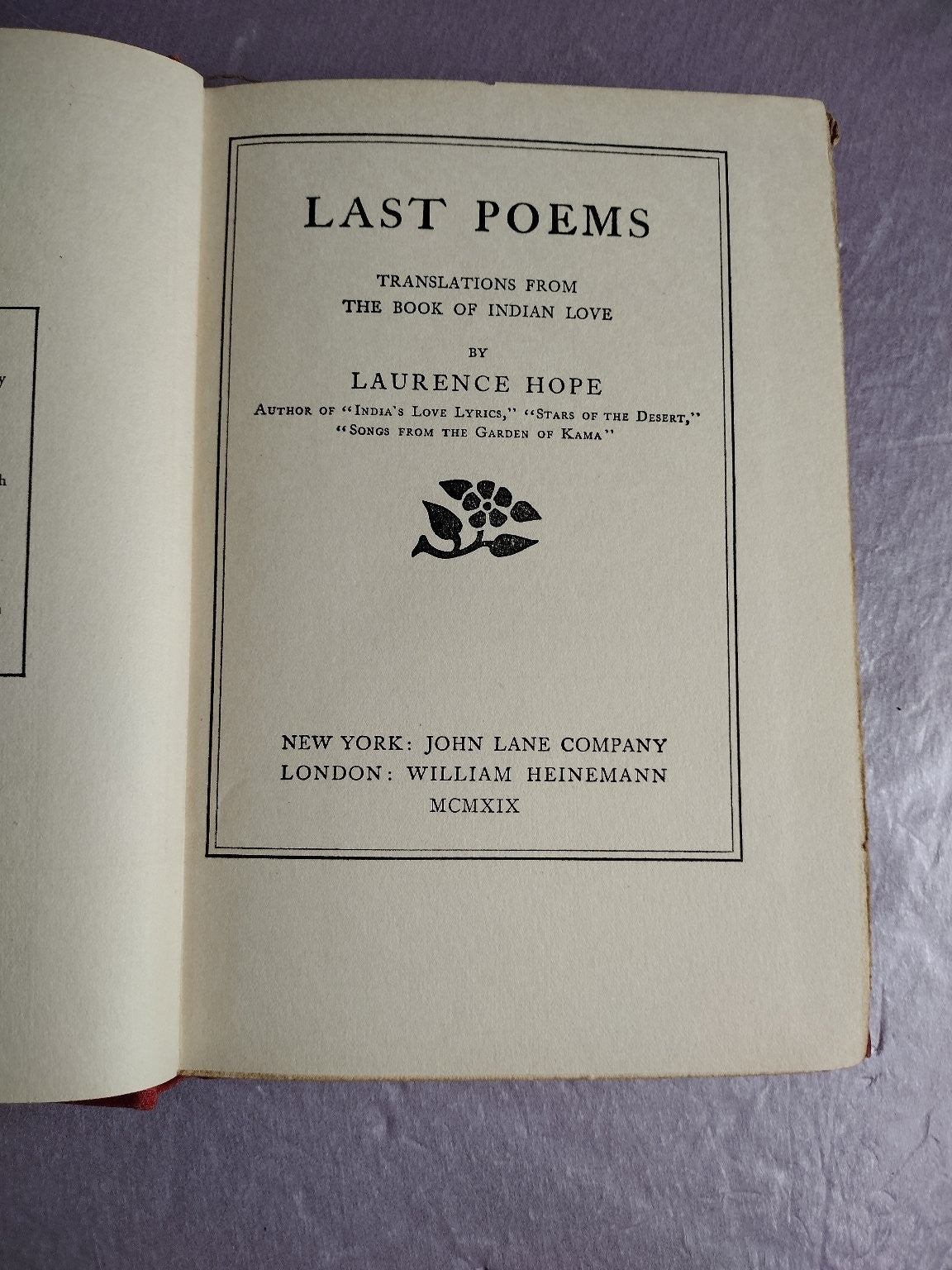 Last Poems Laurence Hope 1919 Poetry Indian Love Lyrics John Lane Company