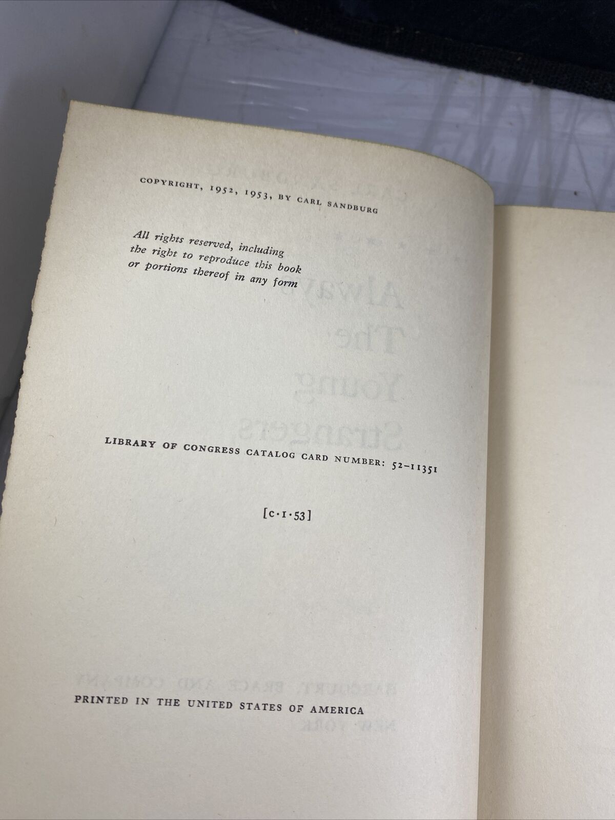 ALWAYS THE YOUNG STRANGERS by Carl Sandburg. 1953 printing w/Dust Jacket