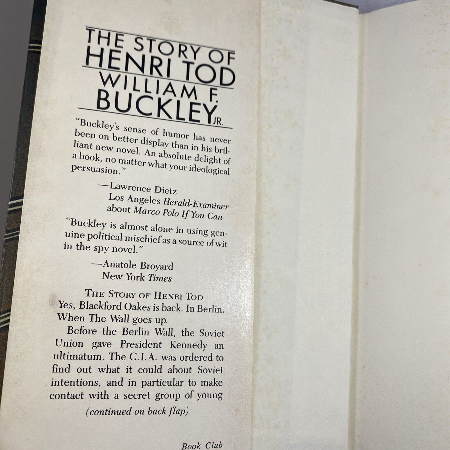 Story of Henri Tod by Buckley, William F. Hardback Book Club Edition Vintage
