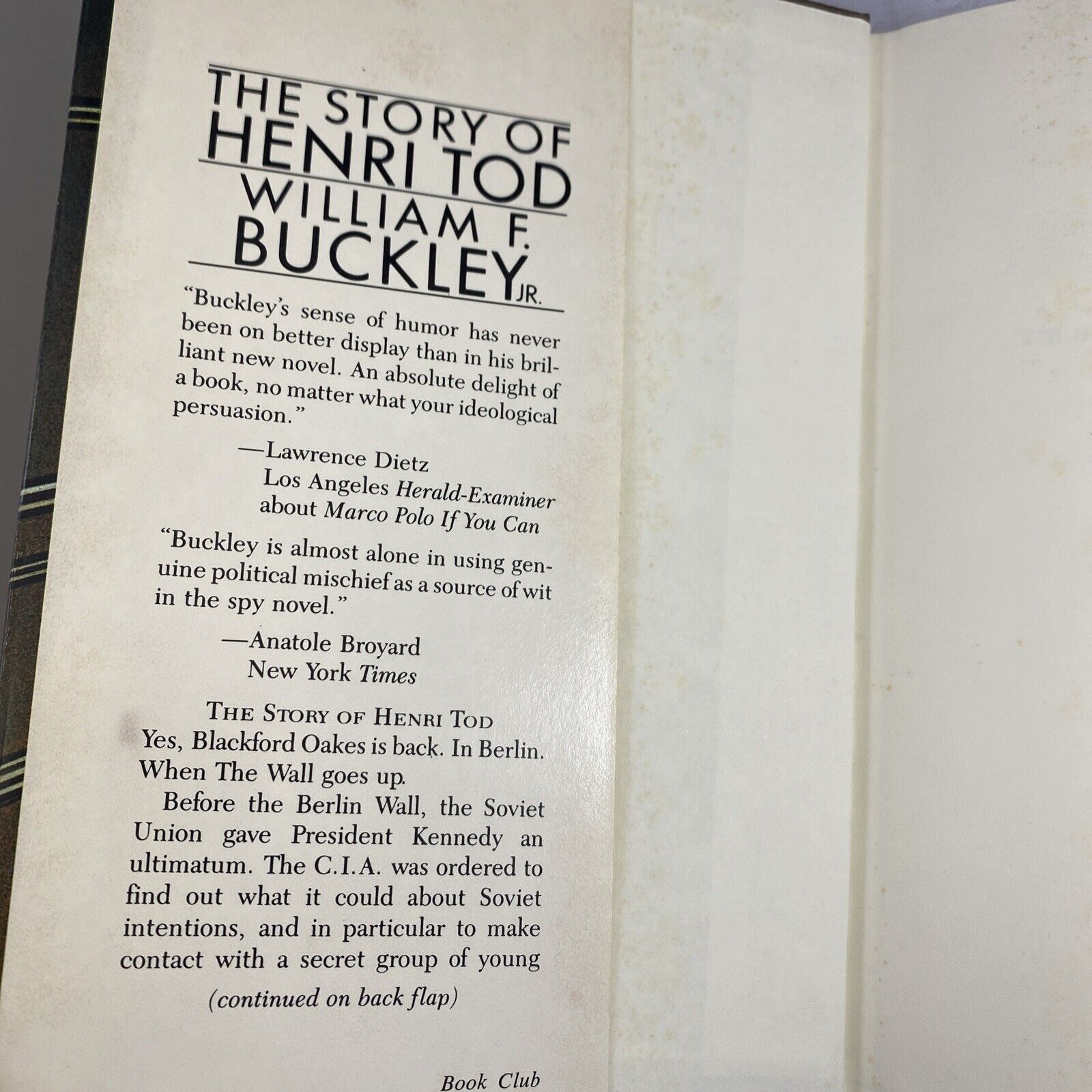 Story of Henri Tod by Buckley, William F. Hardback Book Club Edition Vintage